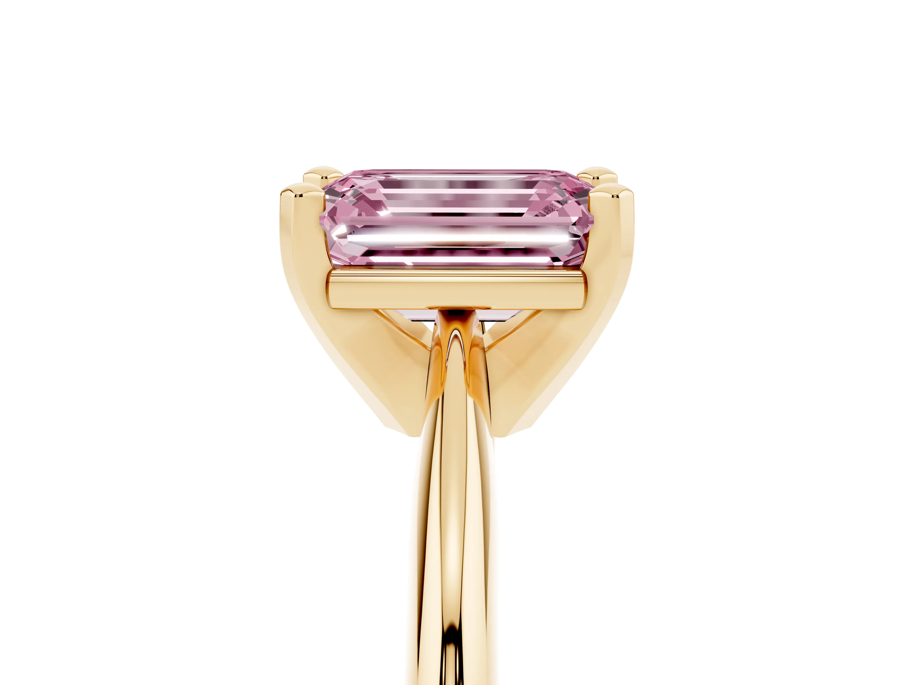 Fancy Pink Emerald Cut Diamond Solitaire Ring Set in Yellow gold with Prong Setting on a Plain Round Band