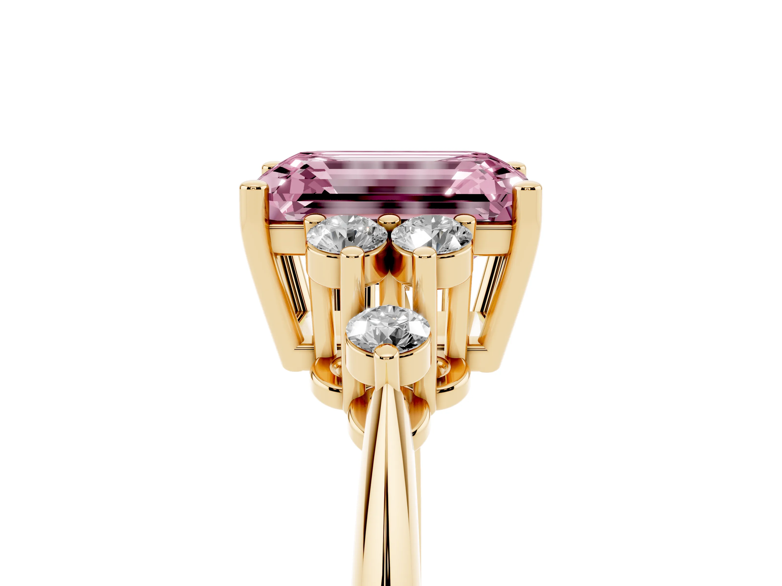 Fancy Pink Emerald Cut Diamond Cluster Ring Set in Yellow gold with Plain Band and Prong Setting