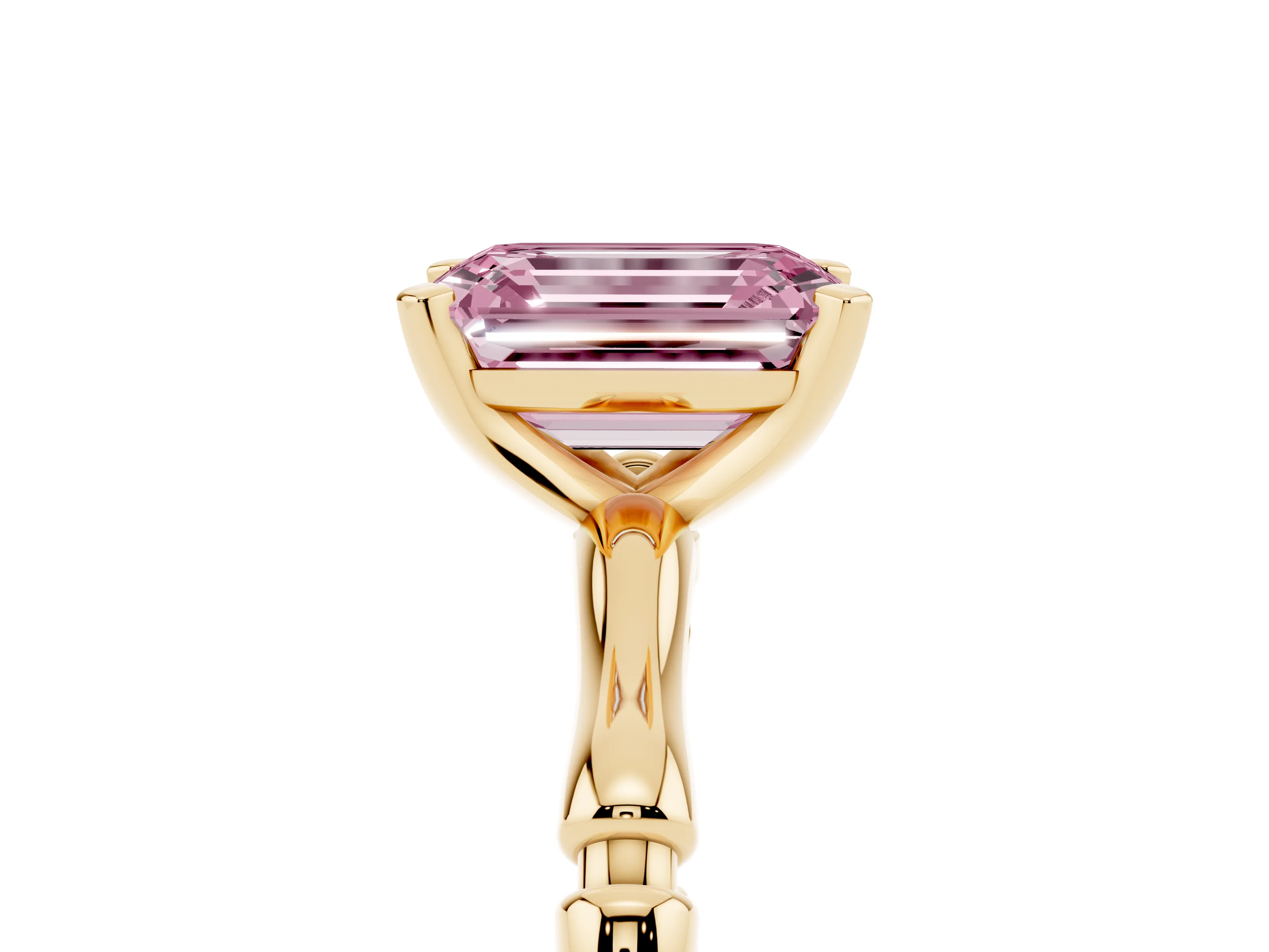 Fancy Pink Emerald Cut Diamond Solitaire Ring Set in Yellow gold with Bamboo Band and Prong Setting