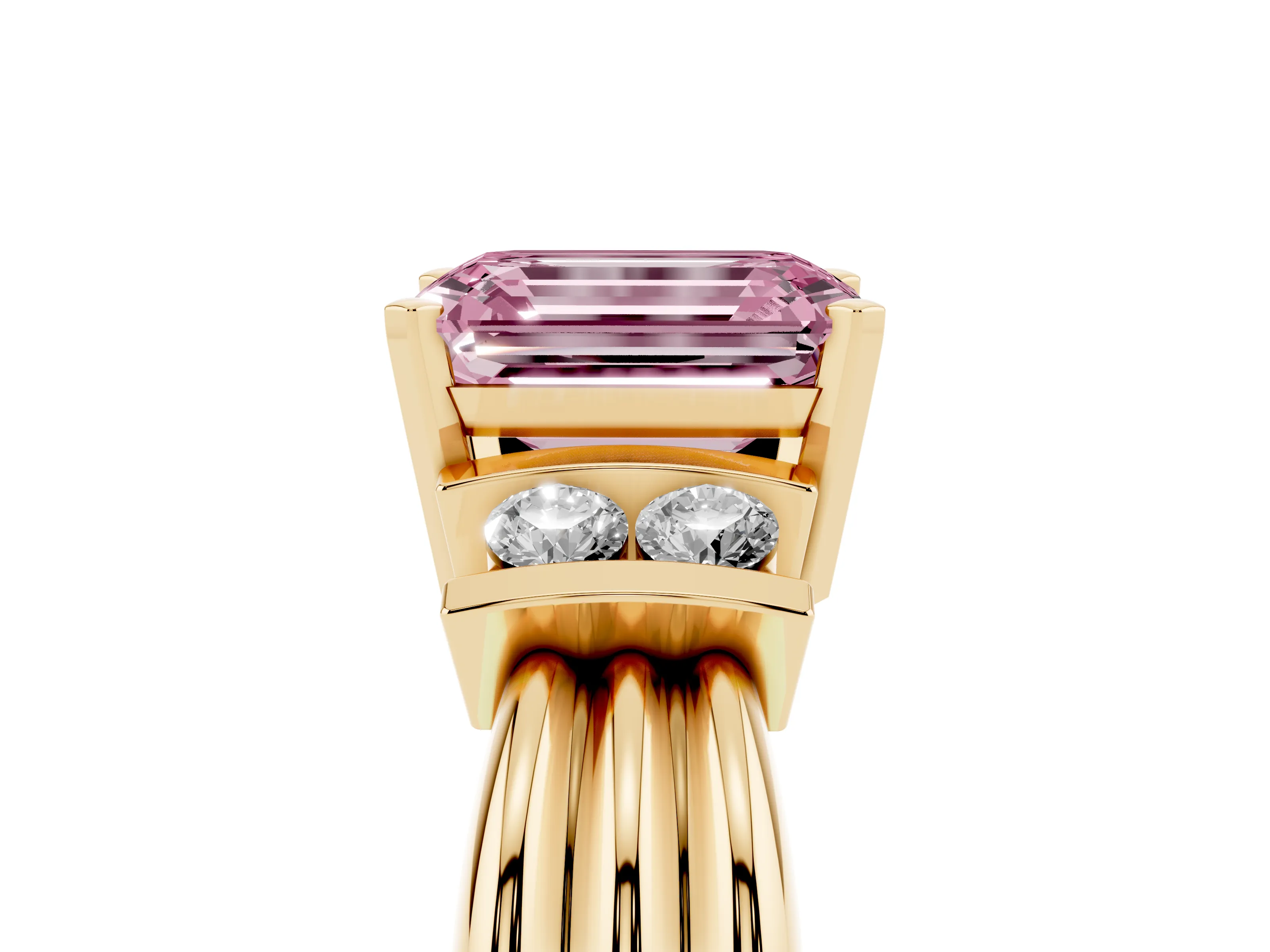 Fancy Pink Three-Stone Emerald Cut Diamond Channel Set Ring Set in Yellow gold with Bar Prongs