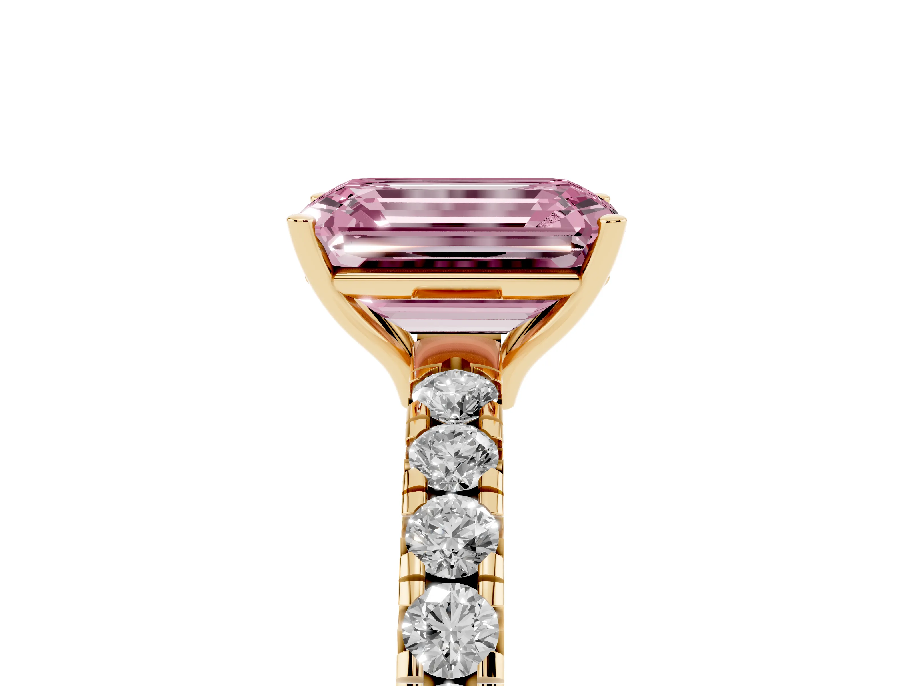 Fancy Pink Emerald Cut Diamond Pavé Solitaire Engagement Ring Set in Yellow gold with Prong Setting