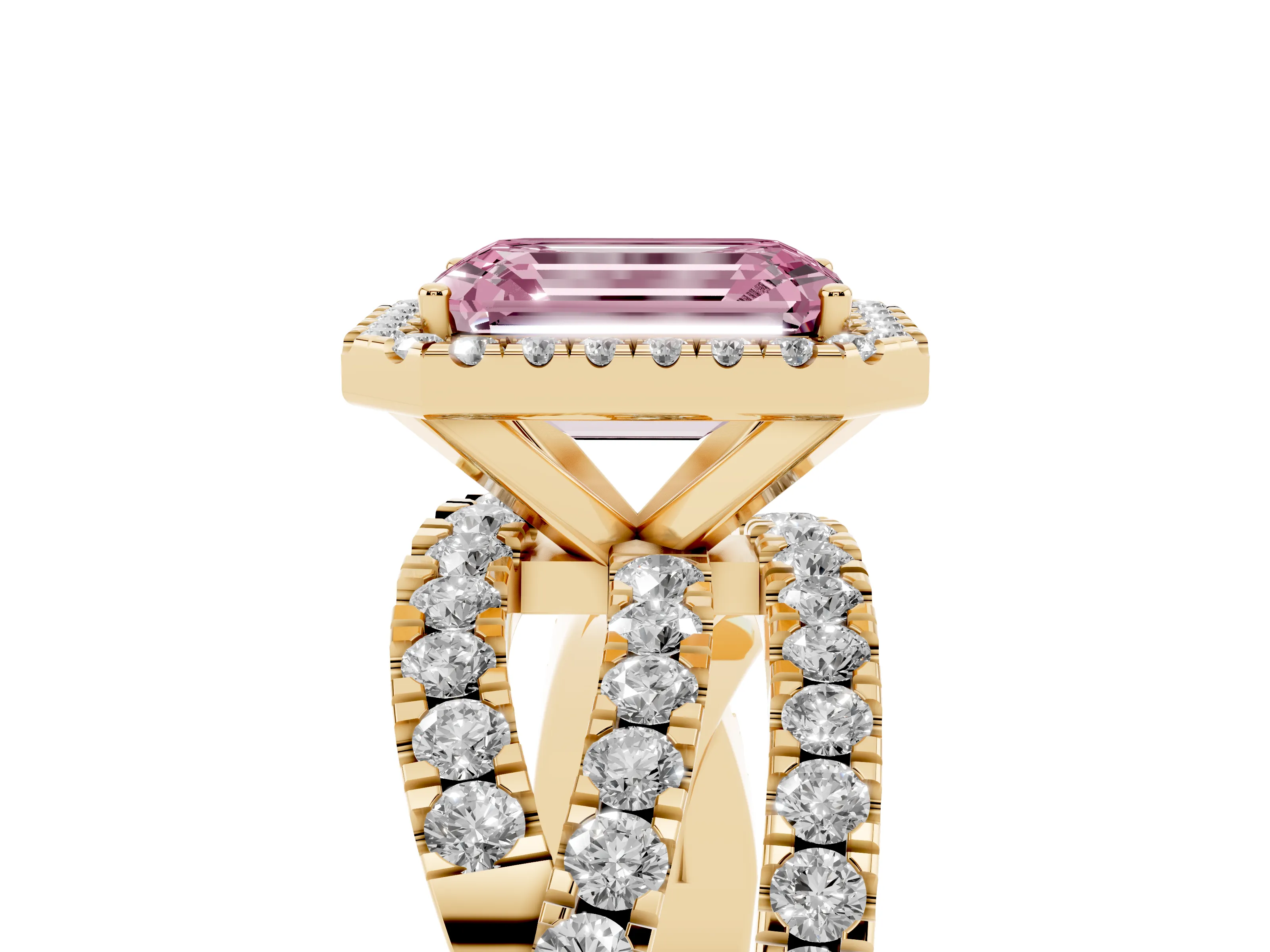 Fancy Pink Emerald Cut Diamond Halo Ring Set in Yellow gold with Round Crossover Split Shank and Prong Setting