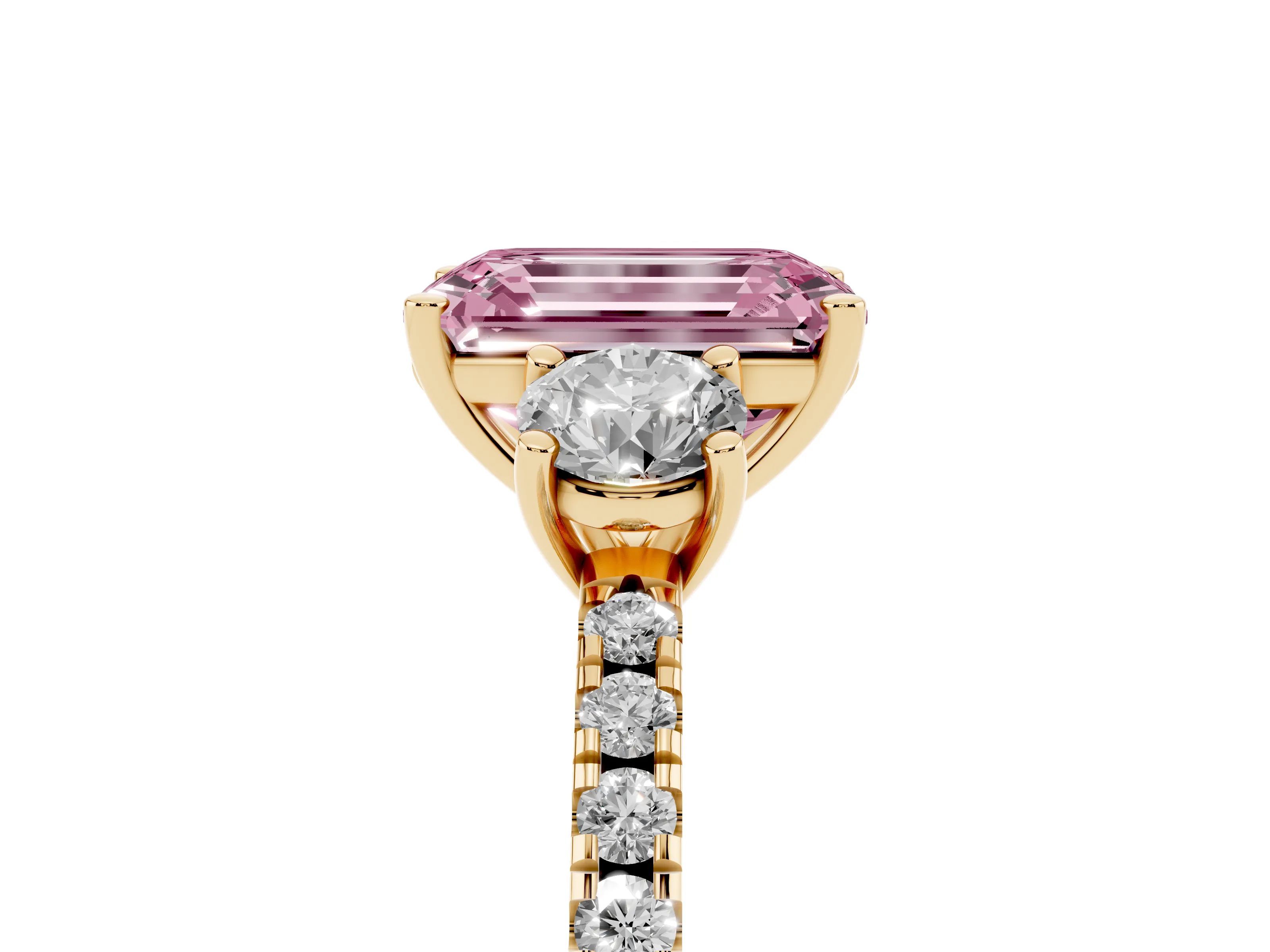 Fancy Pink Emerald Cut Diamond Three-Stone Ring Set in Yellow gold with Pavé Band and Graduated Sides