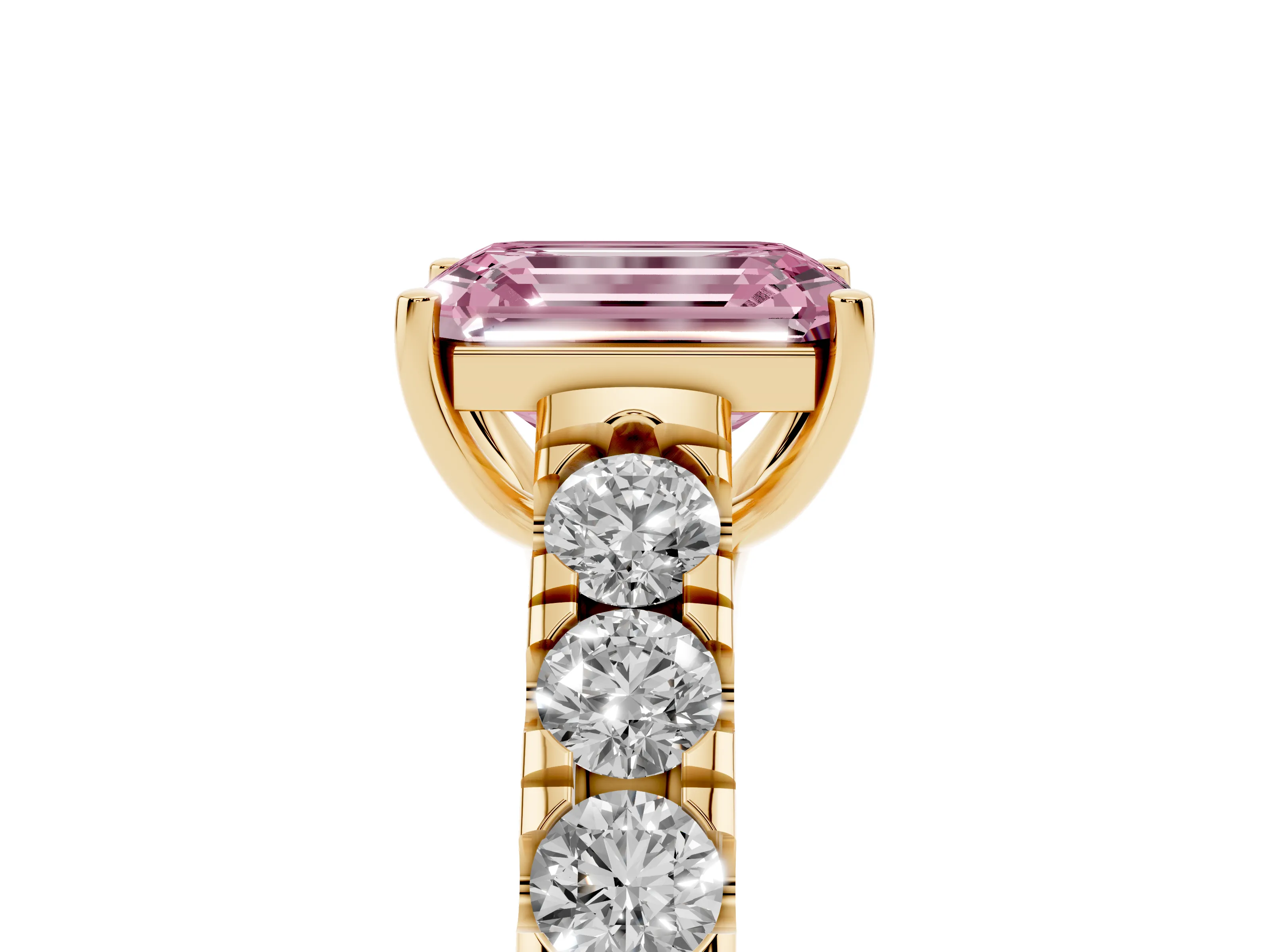 Fancy Pink Emerald Cut Diamond Solitaire Ring Set in Yellow gold with Cut-Down Micro Pavé Band and Prong Setting