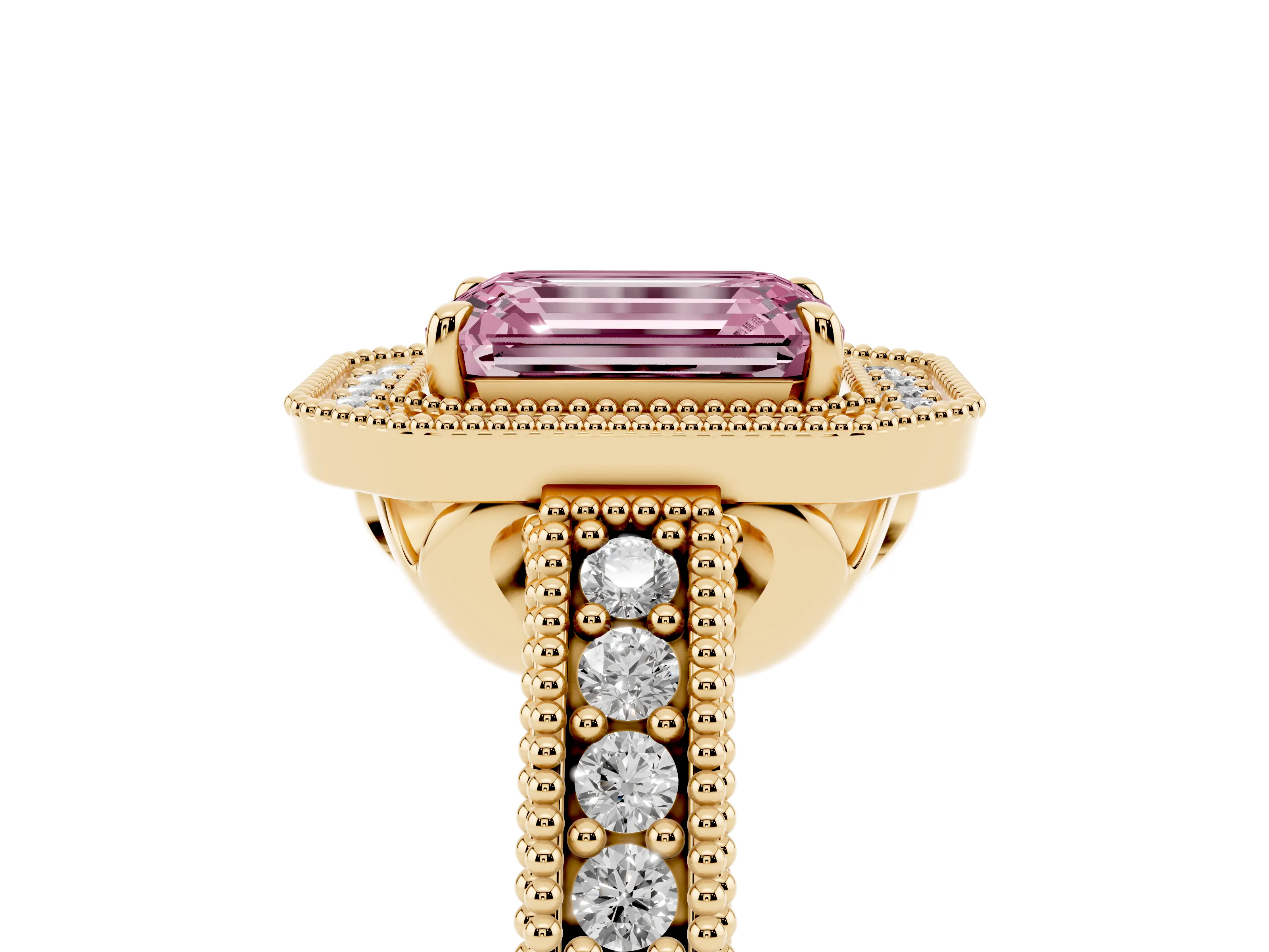Fancy Pink Emerald Cut Diamond Halo Ring Set in Yellow gold with Round Accent Halo, Pavé Band and Prong Setting