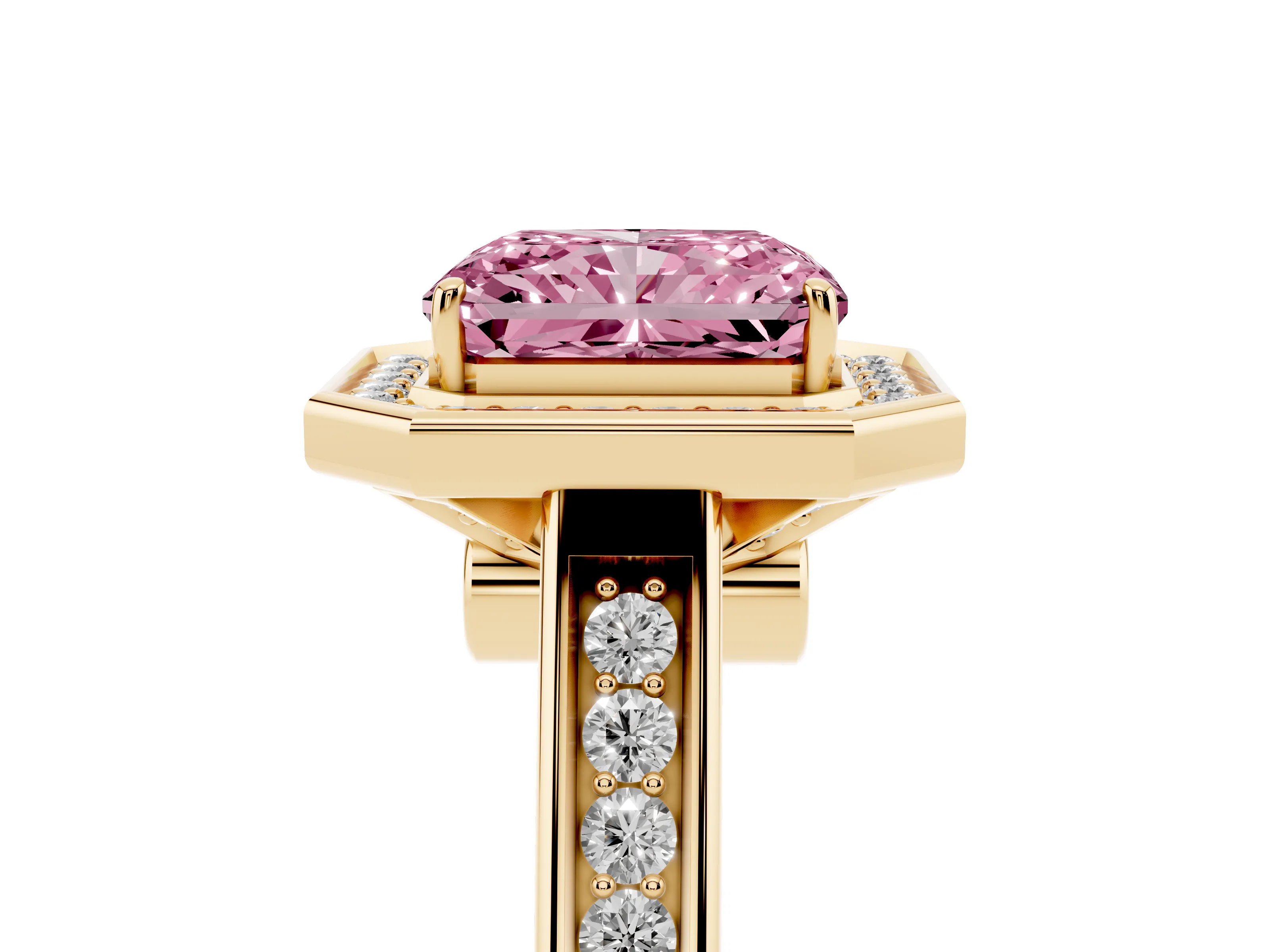 Fancy Pink Emerald Cut Diamond Halo Solitaire Ring Set in Yellow gold with Pavé Band and Bezel Setting
