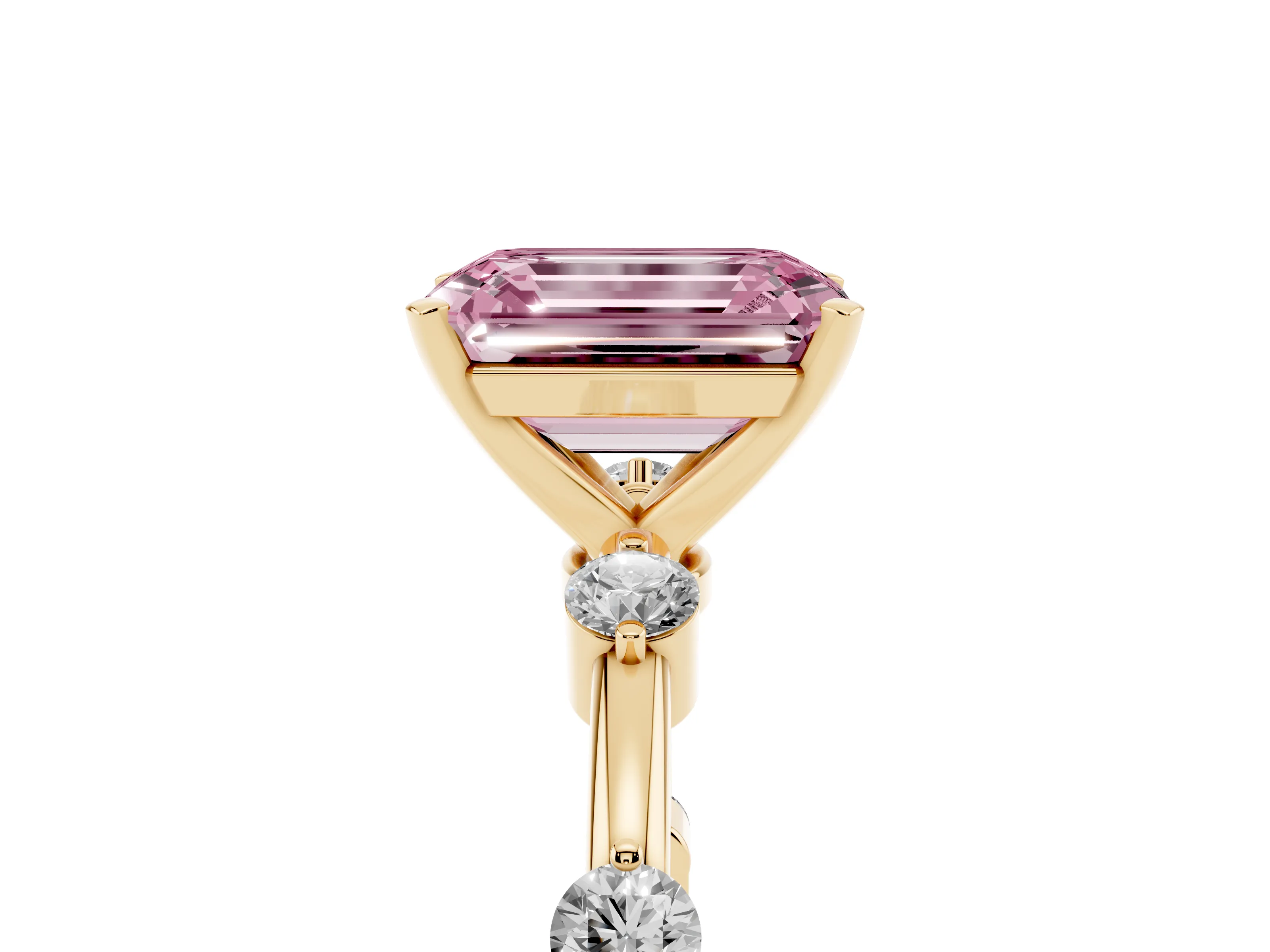 Fancy Pink Emerald Cut Diamond Solitaire Ring Set in Yellow gold with Bezel Set Side Stones and Prong Setting
