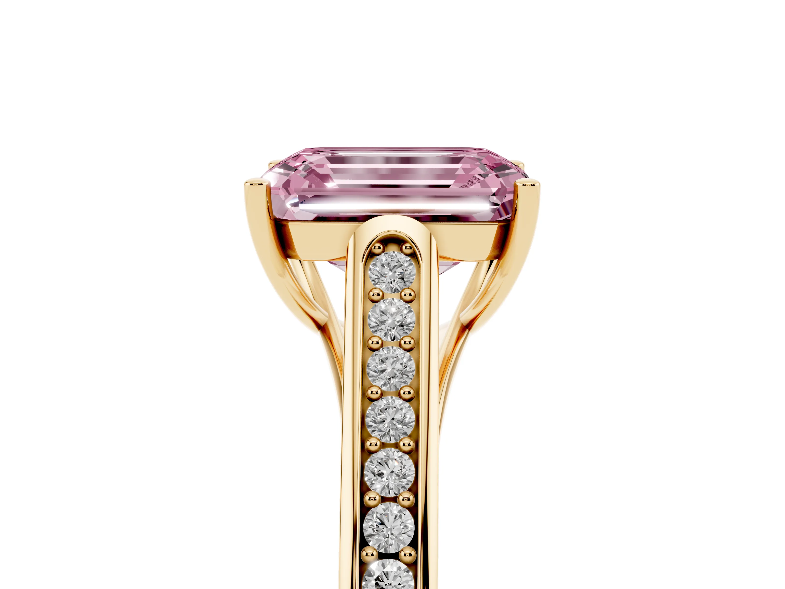 Fancy Pink Emerald Cut Diamond Solitaire Cathedral Engagement Ring Set in Yellow gold with Channel-Set Band and Prong Setting