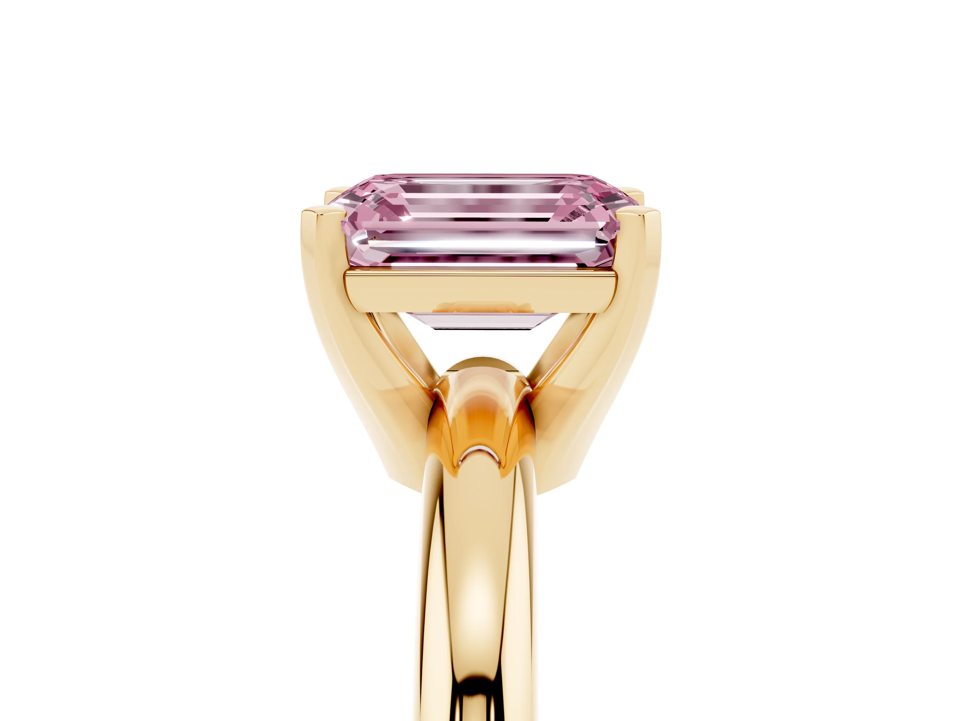 Fancy Pink Emerald Cut Diamond Solitaire Engagement Ring Set in Yellow gold with Round Band and Prong Setting