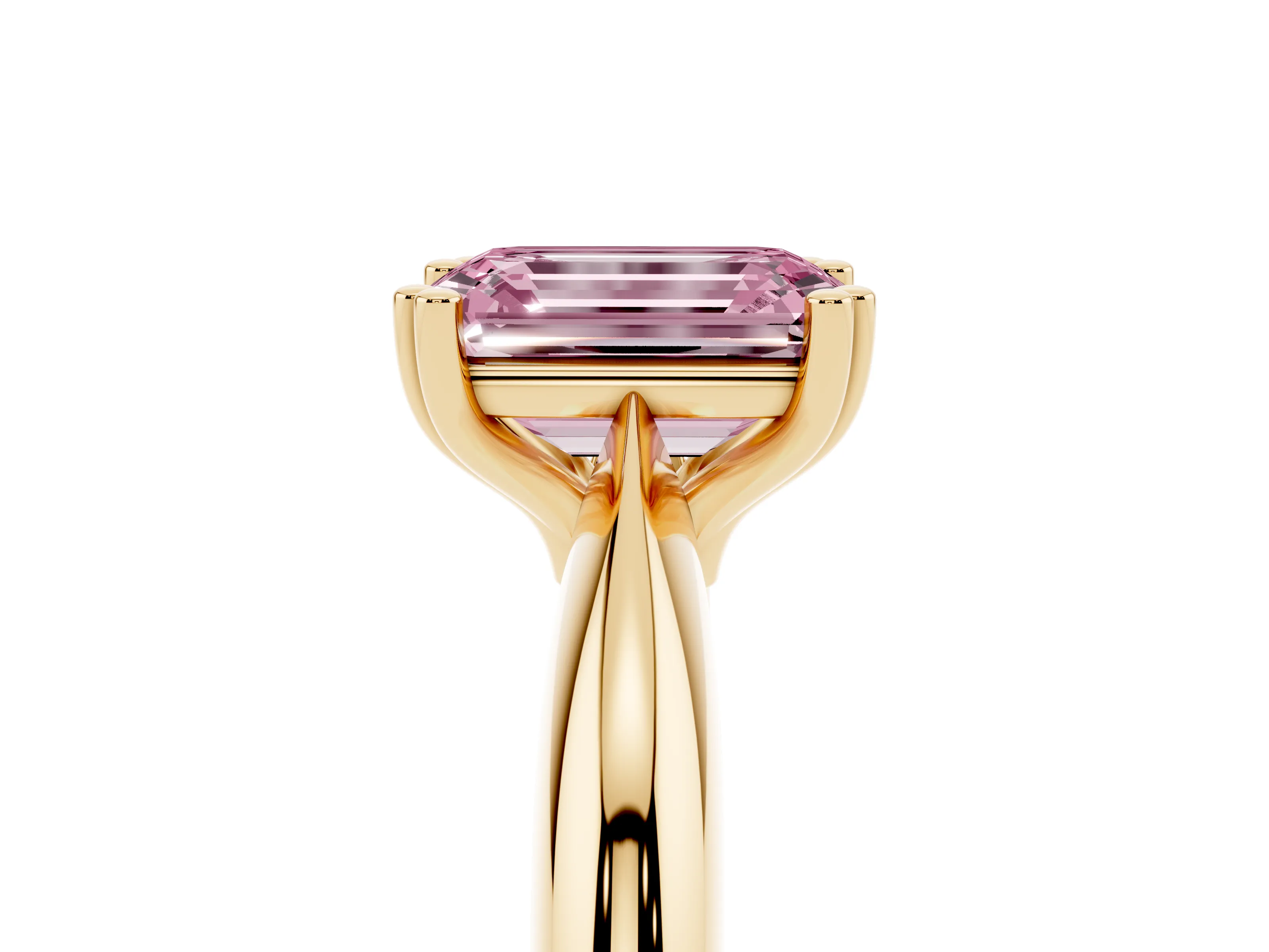 Fancy Pink Emerald Cut Diamond Solitaire Engagement Ring Set in Yellow gold with Tapered Band and Prong Setting