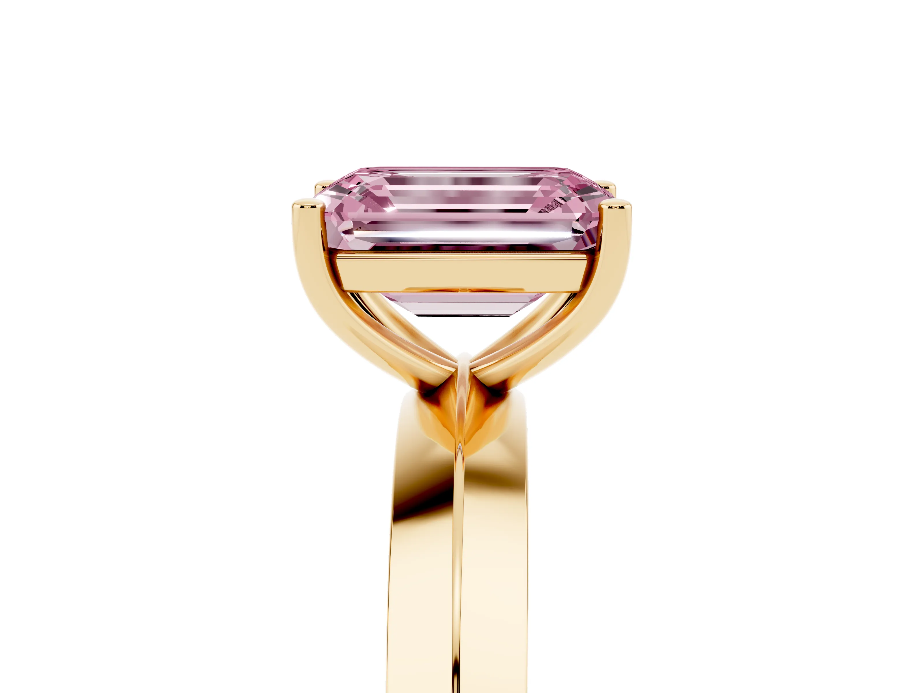 Fancy Pink Emerald Cut Diamond Solitaire Engagement Ring Set in Yellow gold with Flat Band and Prong Setting