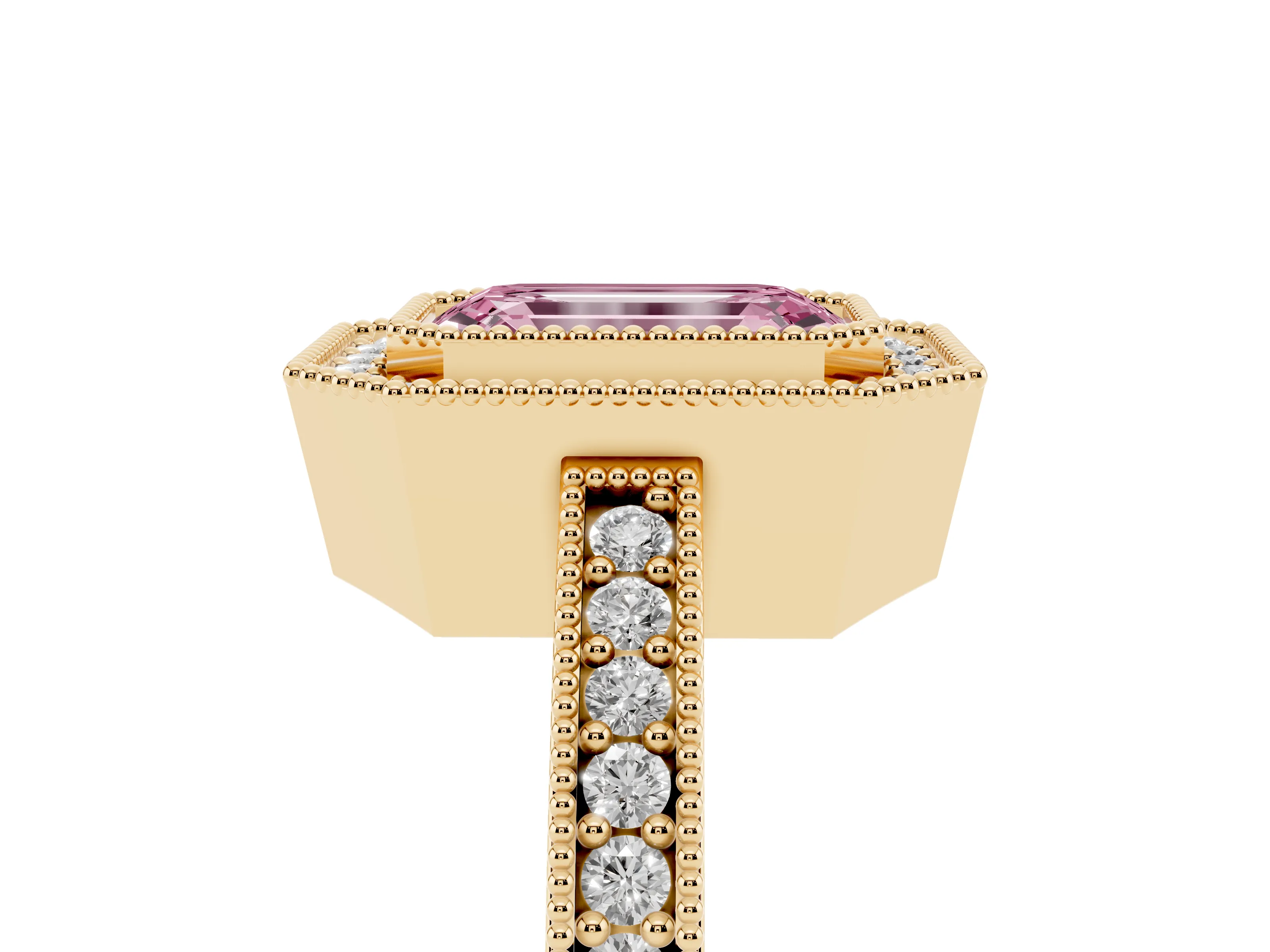 Fancy Pink Emerald Cut Diamond Halo Engagement Ring Set in Yellow gold with Pavé Band and Round Halo Stones