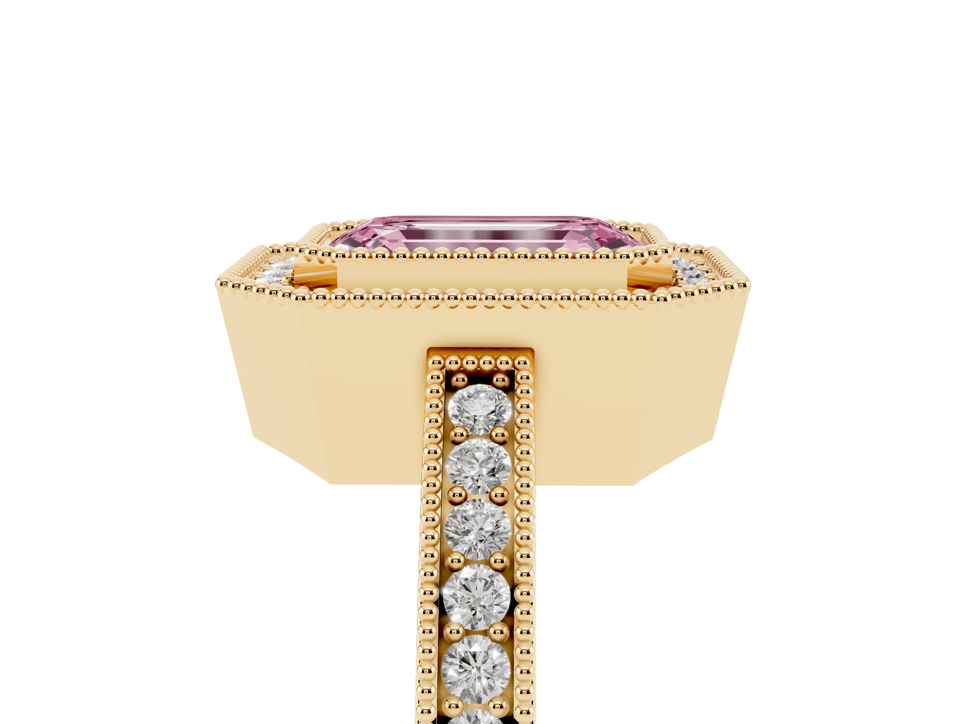 Fancy Pink Emerald Cut Diamond Round Halo Ring Set in Yellow gold with Pavé Band