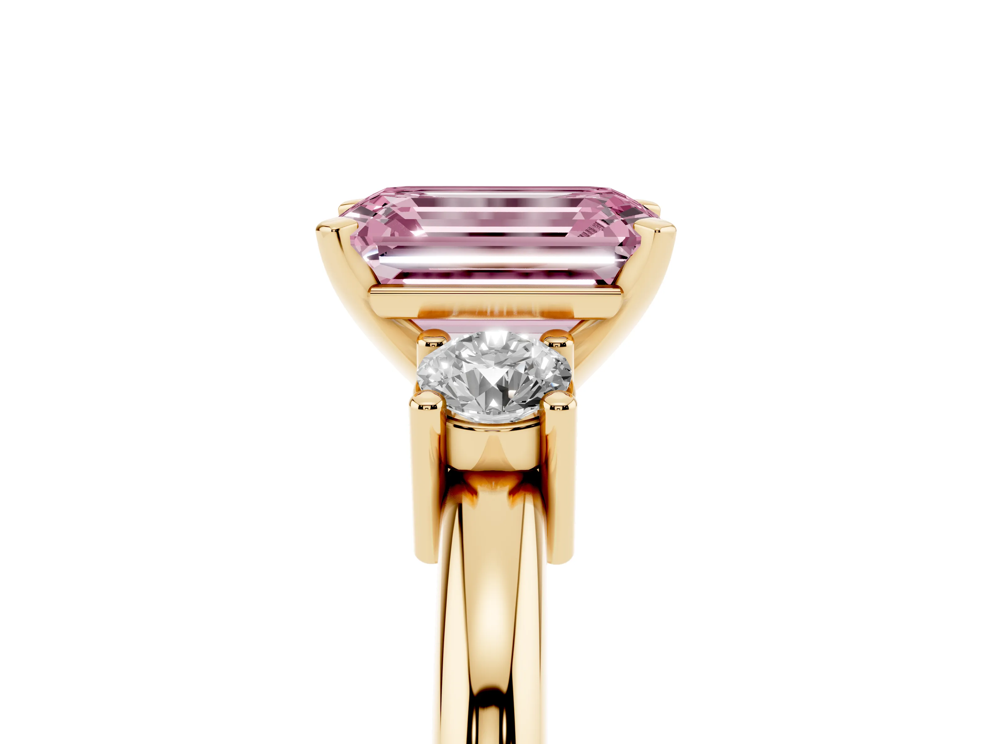 Fancy Pink Three-Stone Emerald Cut Diamond Ring Set in Yellow gold with Prong Setting and Plain Band