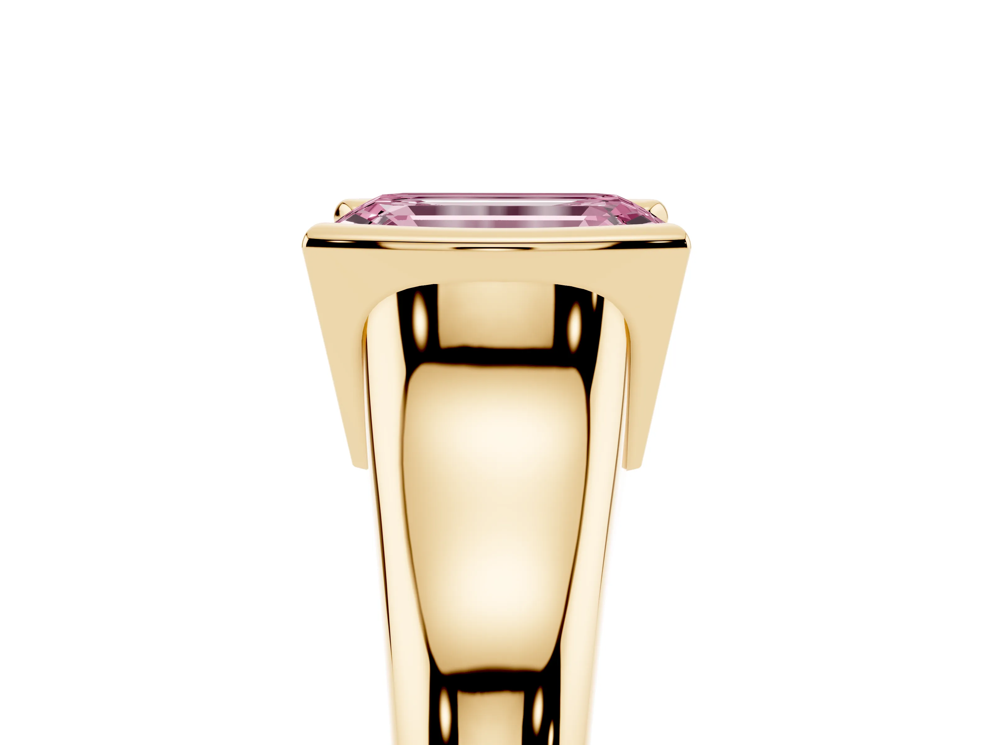 Fancy Pink Emerald Cut Diamond Solitaire Tension Set Ring Set in Yellow gold with Split Shank Band