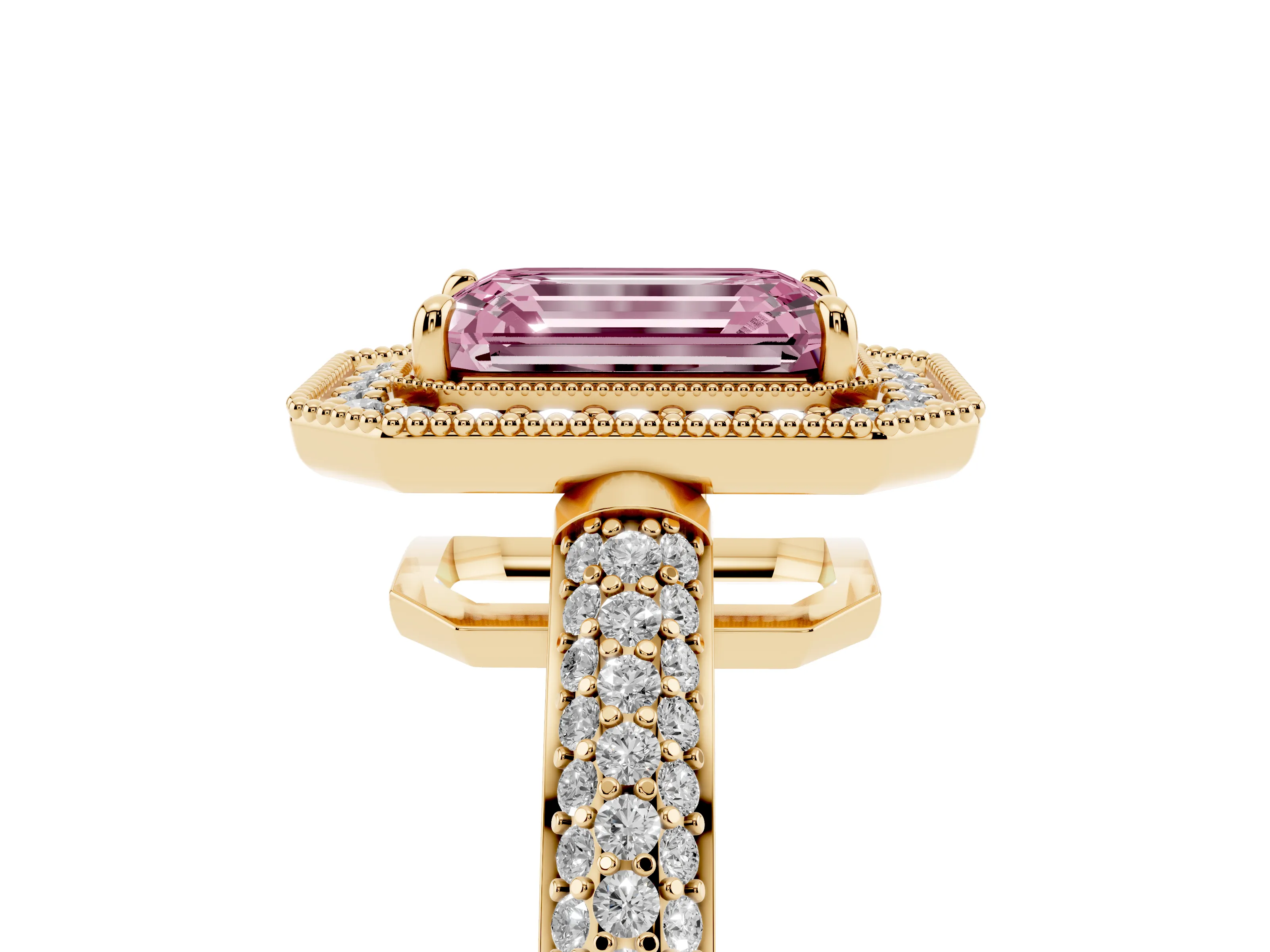 Fancy Pink Emerald Cut Diamond Halo Pavé Band Set in Yellow gold with Prong Setting