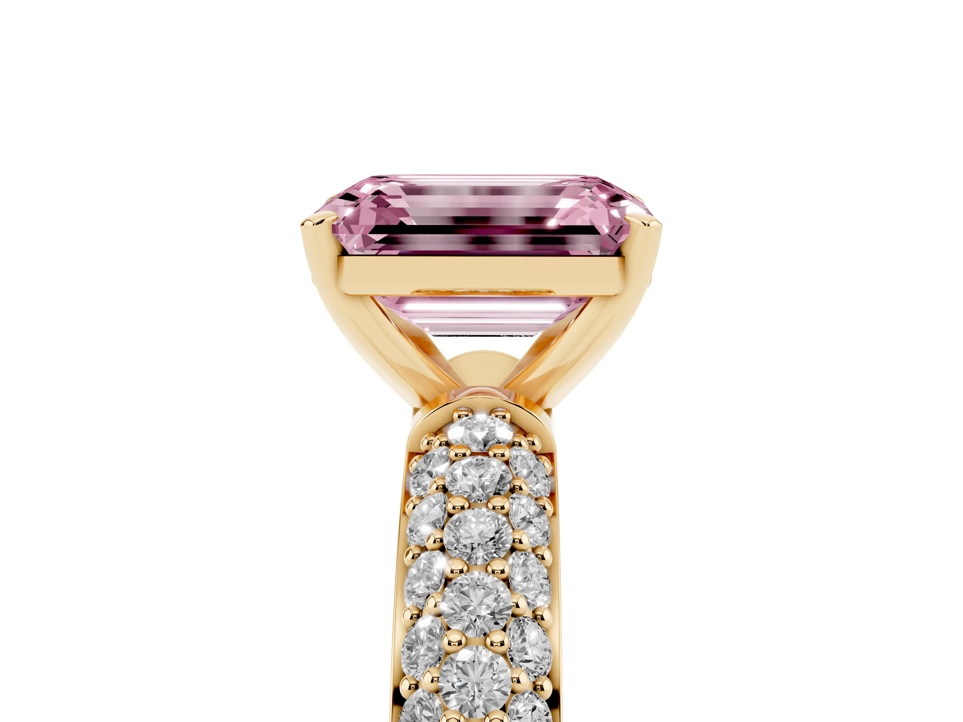 Fancy Pink Emerald Cut Diamond Solitaire Ring Set in Yellow gold with Prong Setting and Pavé-Set Band