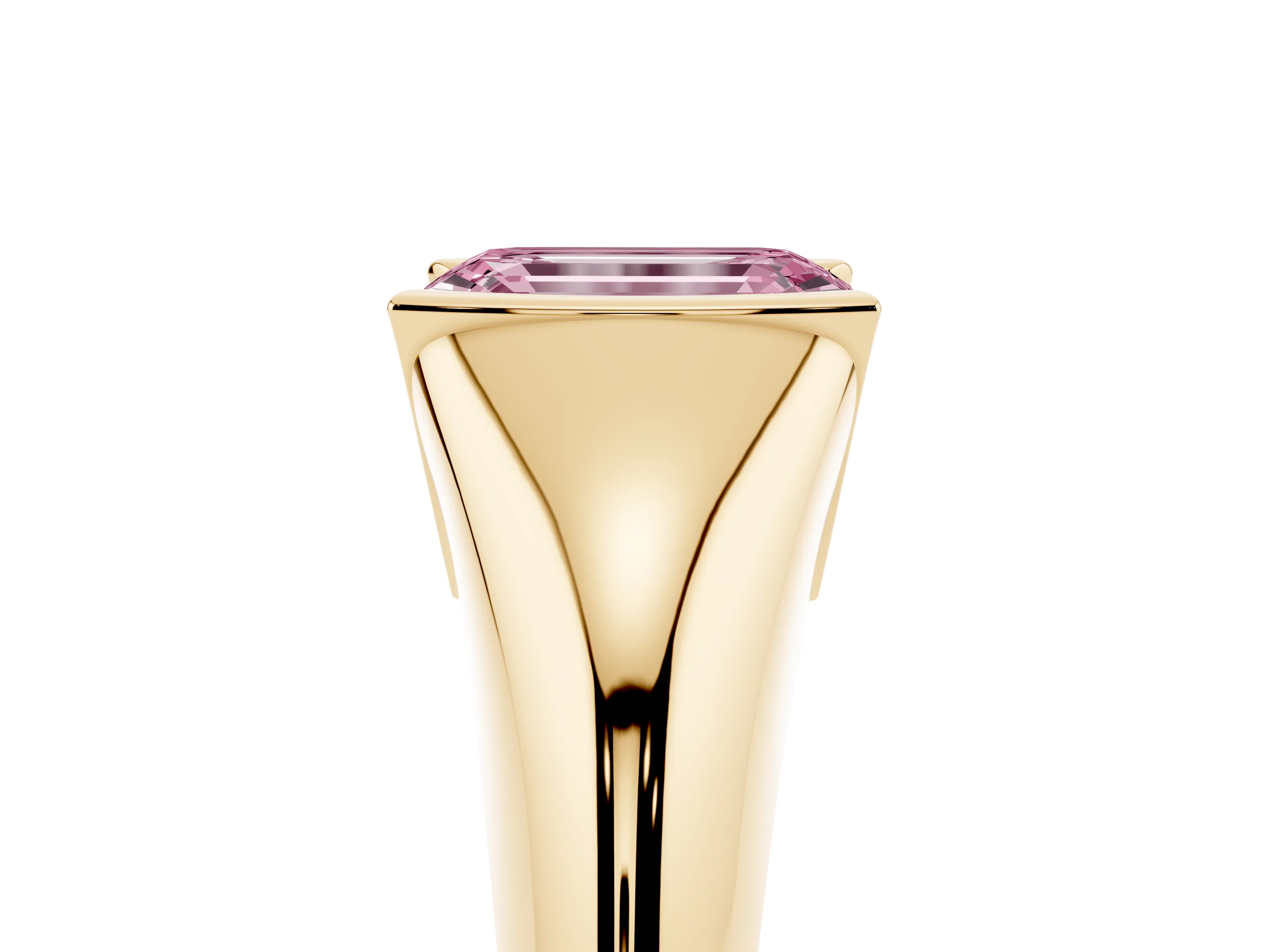 Fancy Pink Emerald Cut Diamond Solitaire Tension Set Ring Set in Yellow gold