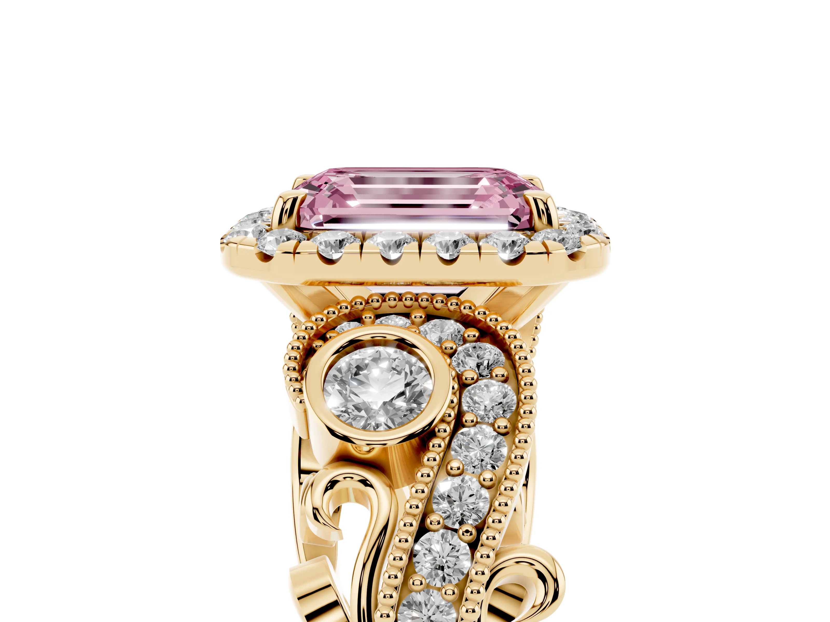 Fancy Pink Emerald Cut Diamond Halo Ring Set in Yellow gold with Milgrain Pavé Band and Prong Setting