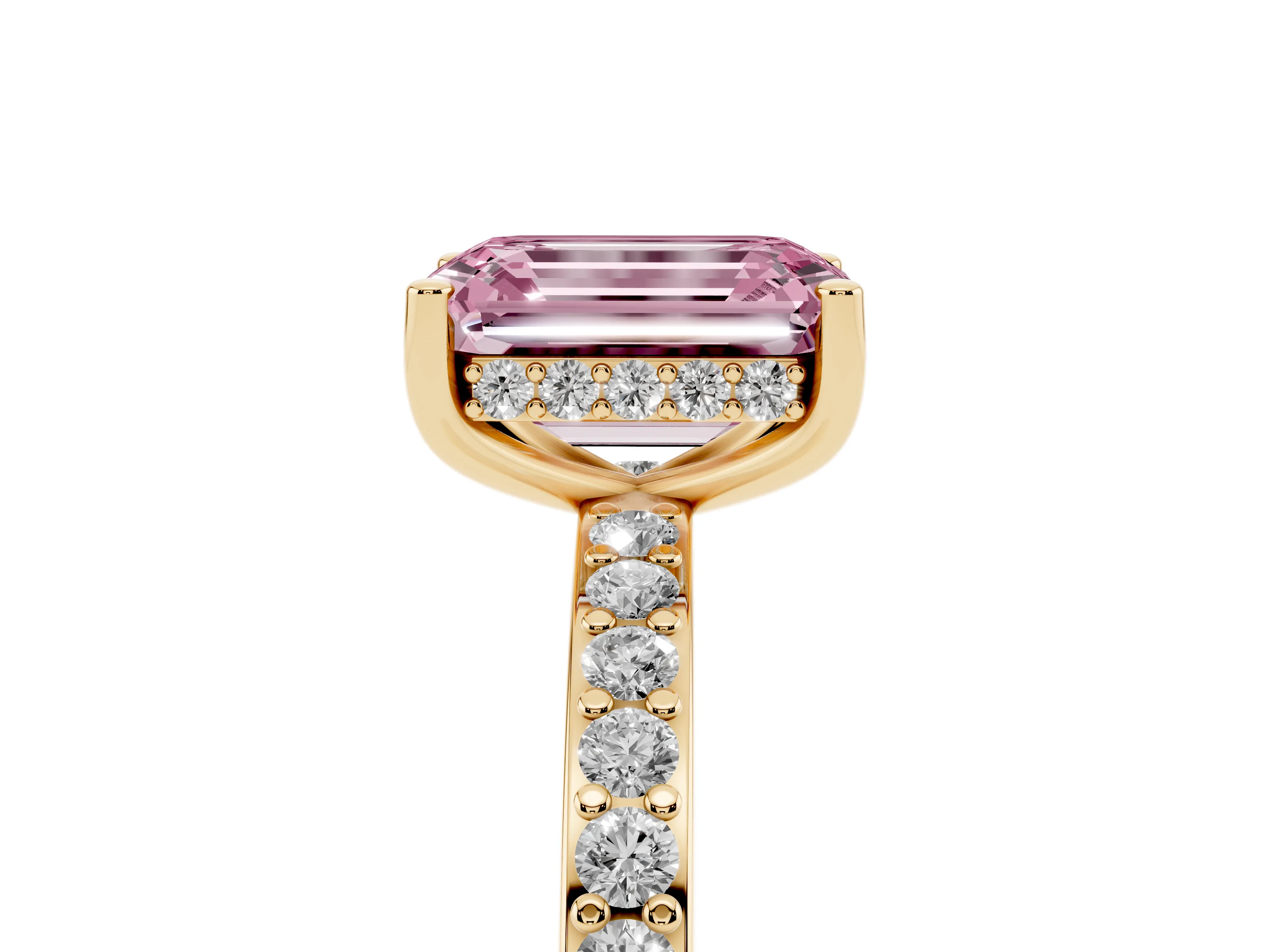 Fancy Pink Emerald Cut Diamond Pavé Band Ring Set in Yellow gold with Prong-Set Center Stone