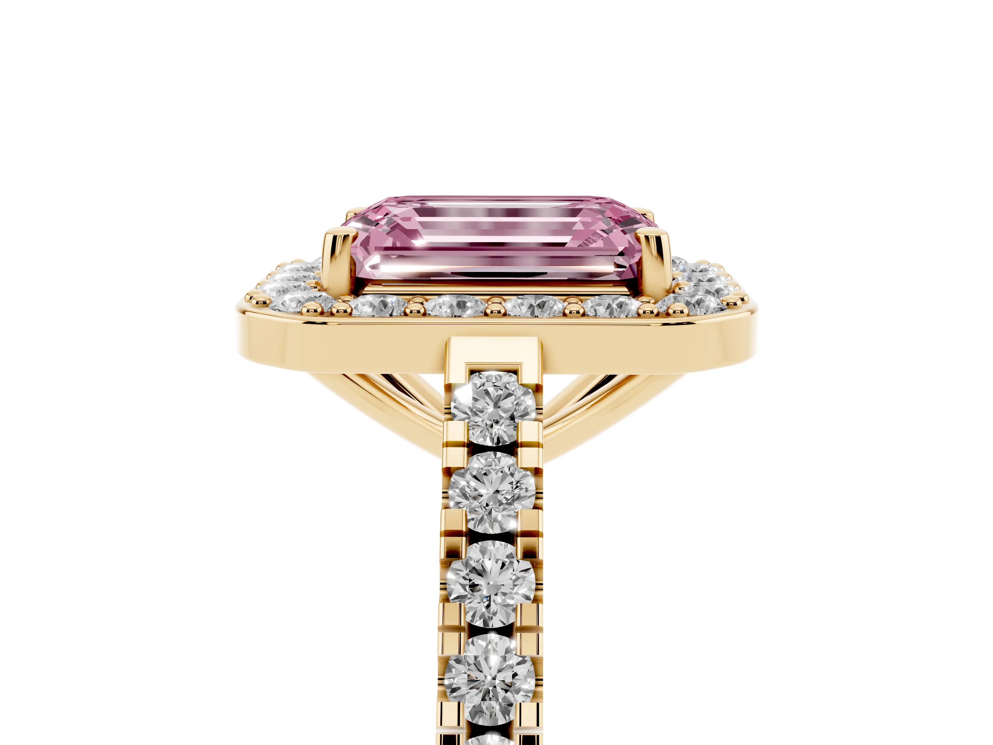 Fancy Pink Emerald Cut Diamond Halo Ring Set in Yellow gold with Round Pavé Split Shank and Prong Setting