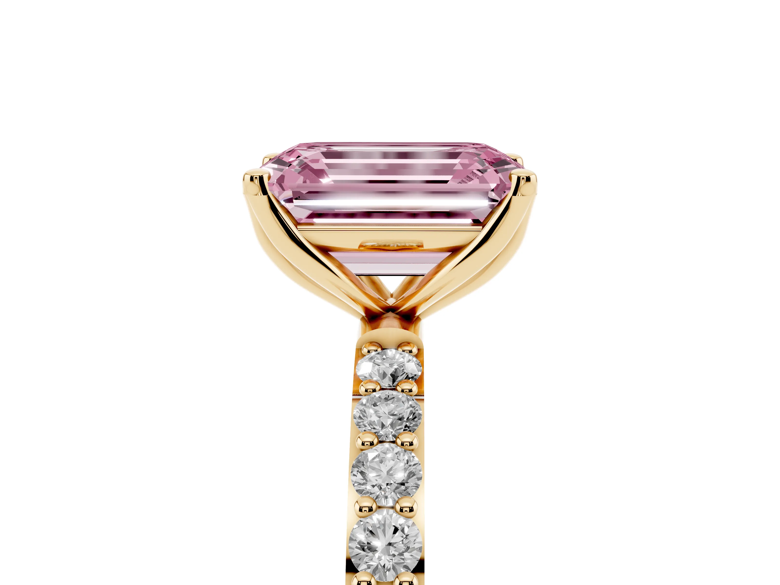 Fancy Pink Emerald Cut Diamond Solitaire Engagement Ring Set in Yellow gold with Round Pavé Band and Prong Setting