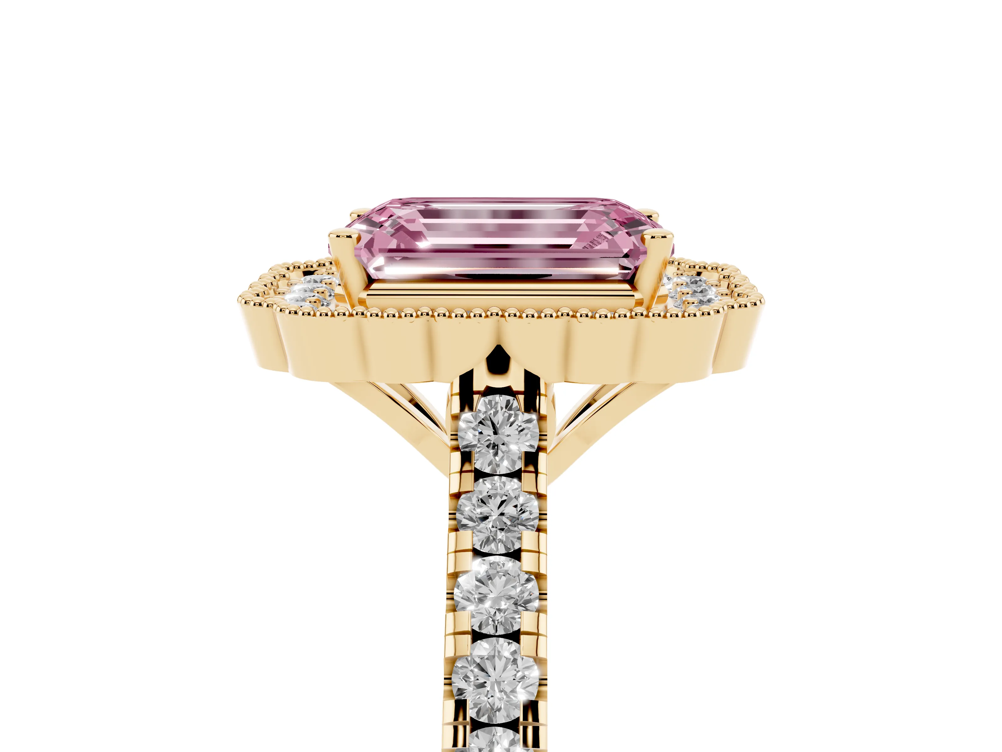 Fancy Pink Emerald Cut Diamond Milgrain Floral Halo Engagement Ring Set in Yellow gold with Pavé Band