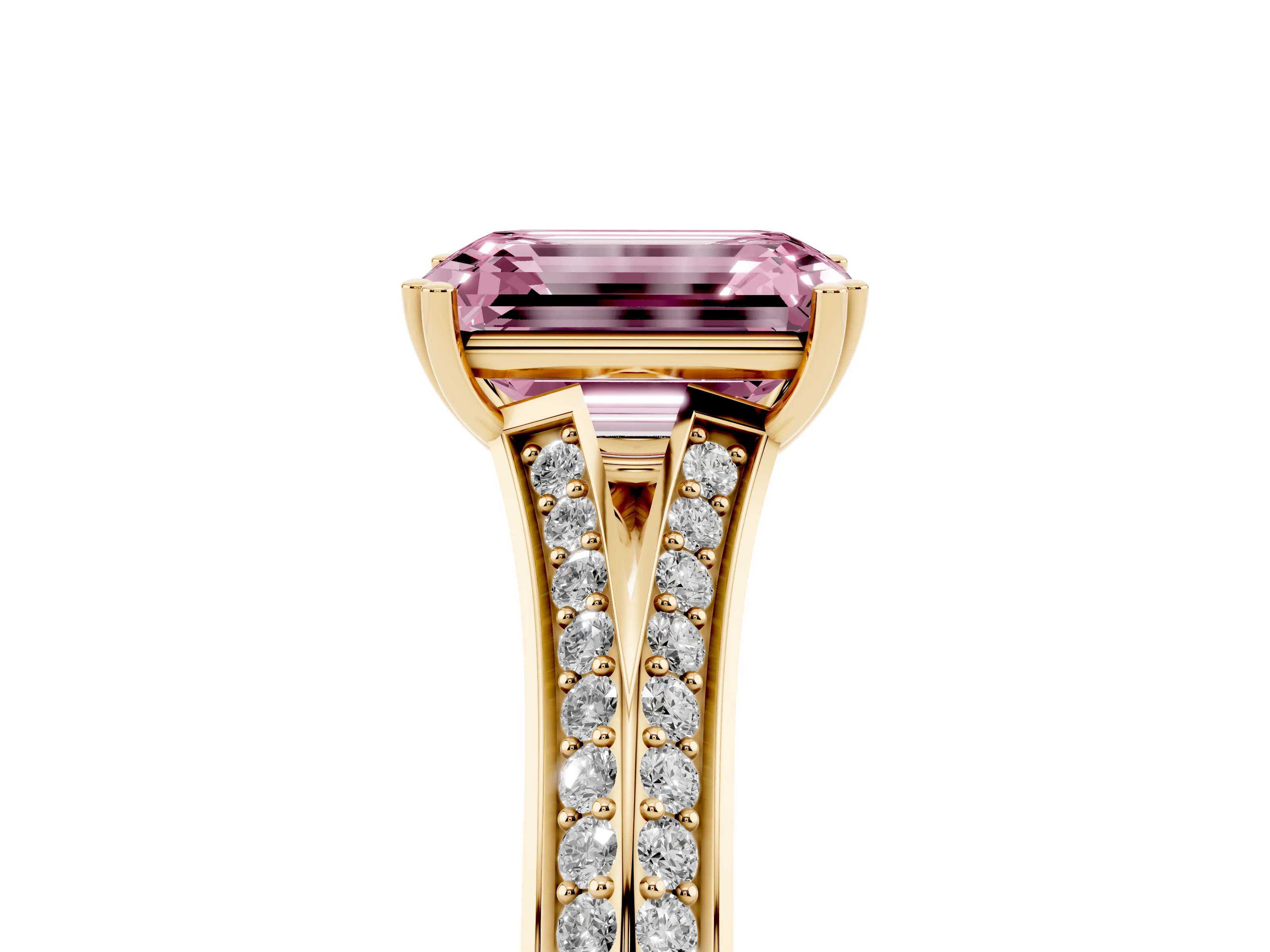 Fancy Pink Emerald Cut Diamond Split Shank Pavé Engagement Ring Set in Yellow gold with Prong-Set Center Stone