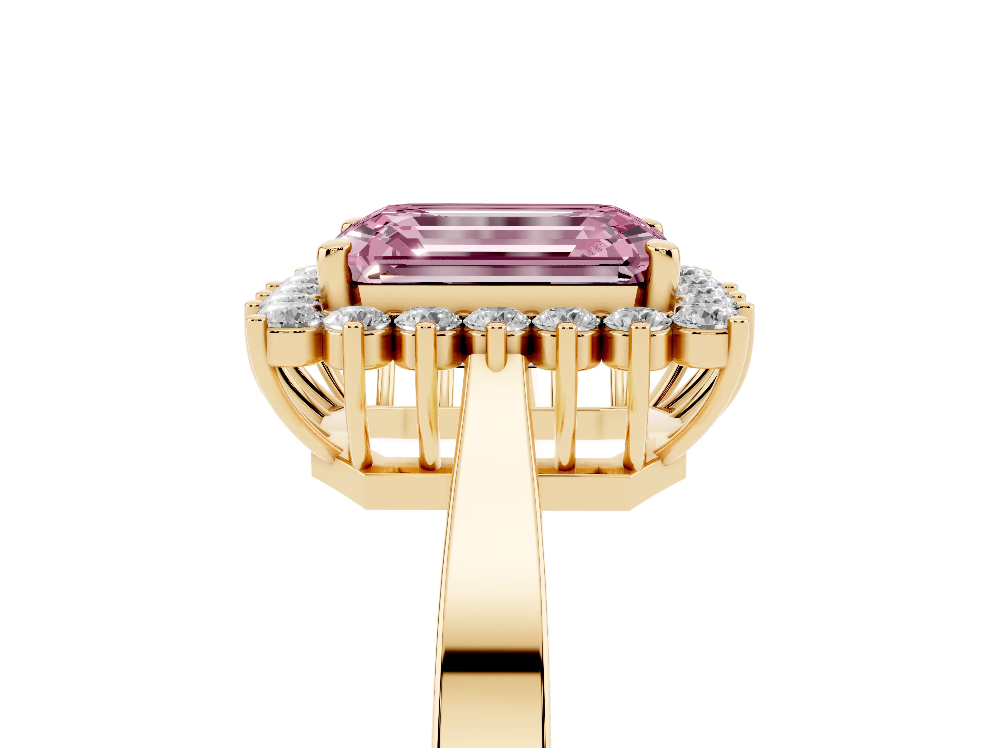 Fancy Pink Emerald Cut Diamond Halo Ring Set in Yellow gold with Round Halo and Smooth Solitaire Band
