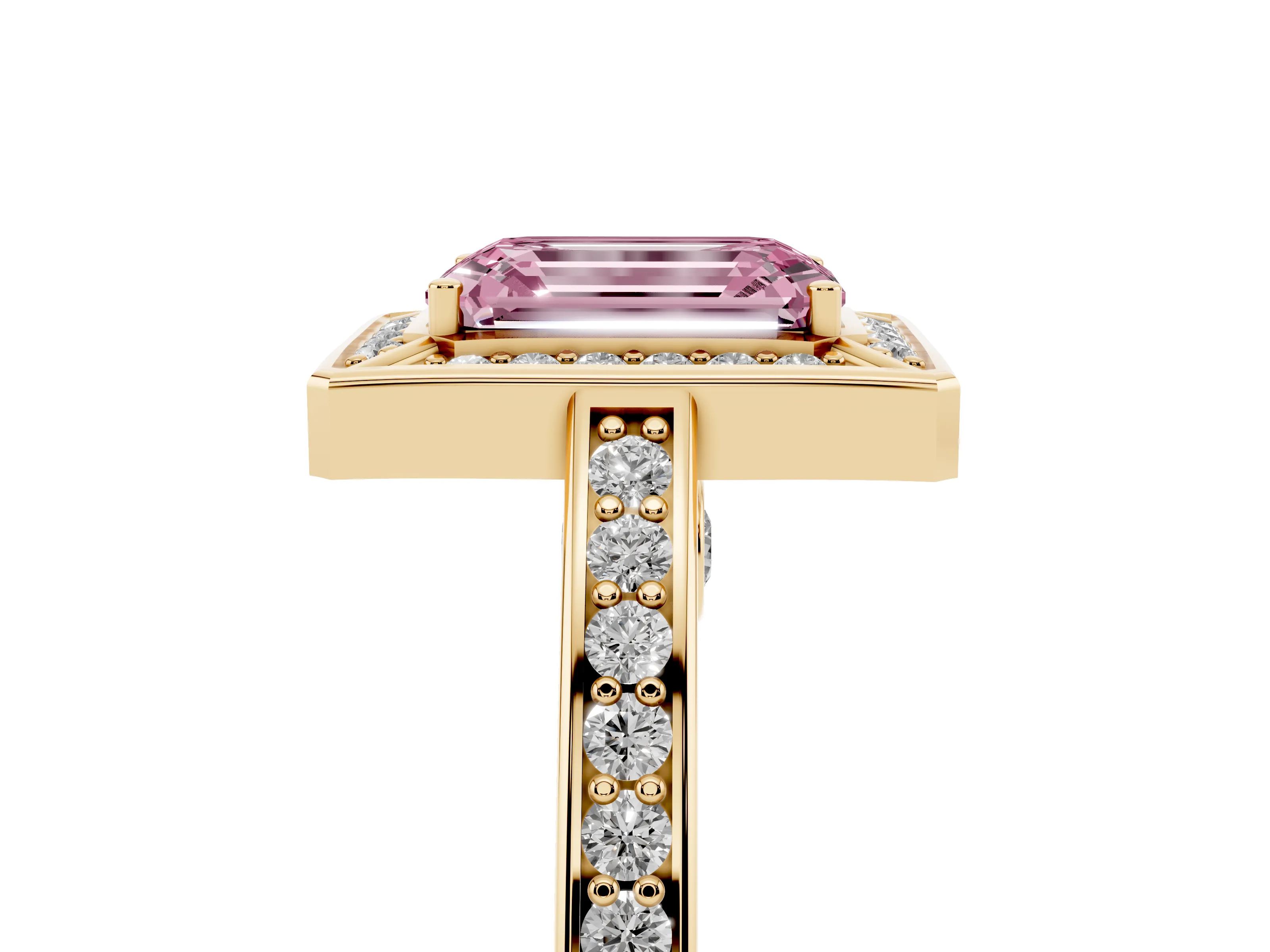 Fancy Pink Emerald Cut Diamond Halo Pavé Split Shank Ring Set in Yellow gold with Prong Setting