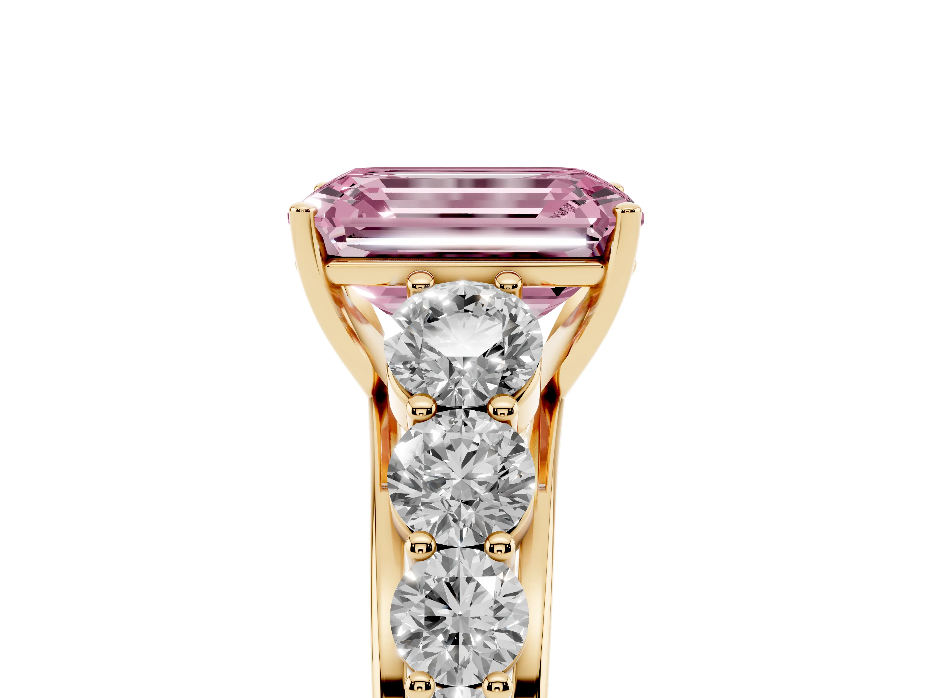 Fancy Pink Emerald Cut Diamond Solitaire Ring Set in Yellow gold with Pavé-Set Band and Prong Setting