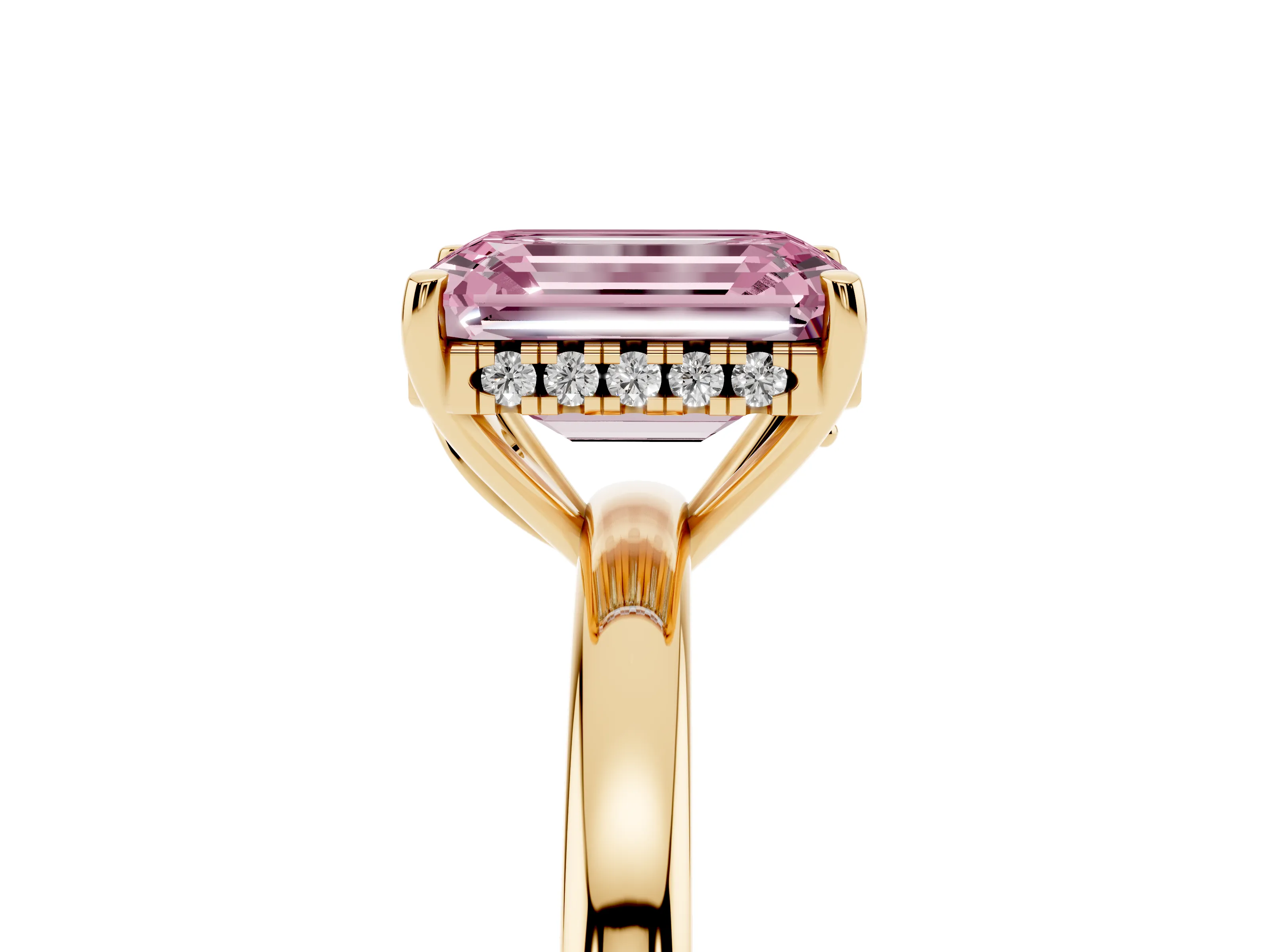 Fancy Pink Emerald Cut Diamond Solitaire Ring Set in Yellow gold with Plain Band and Prong Setting
