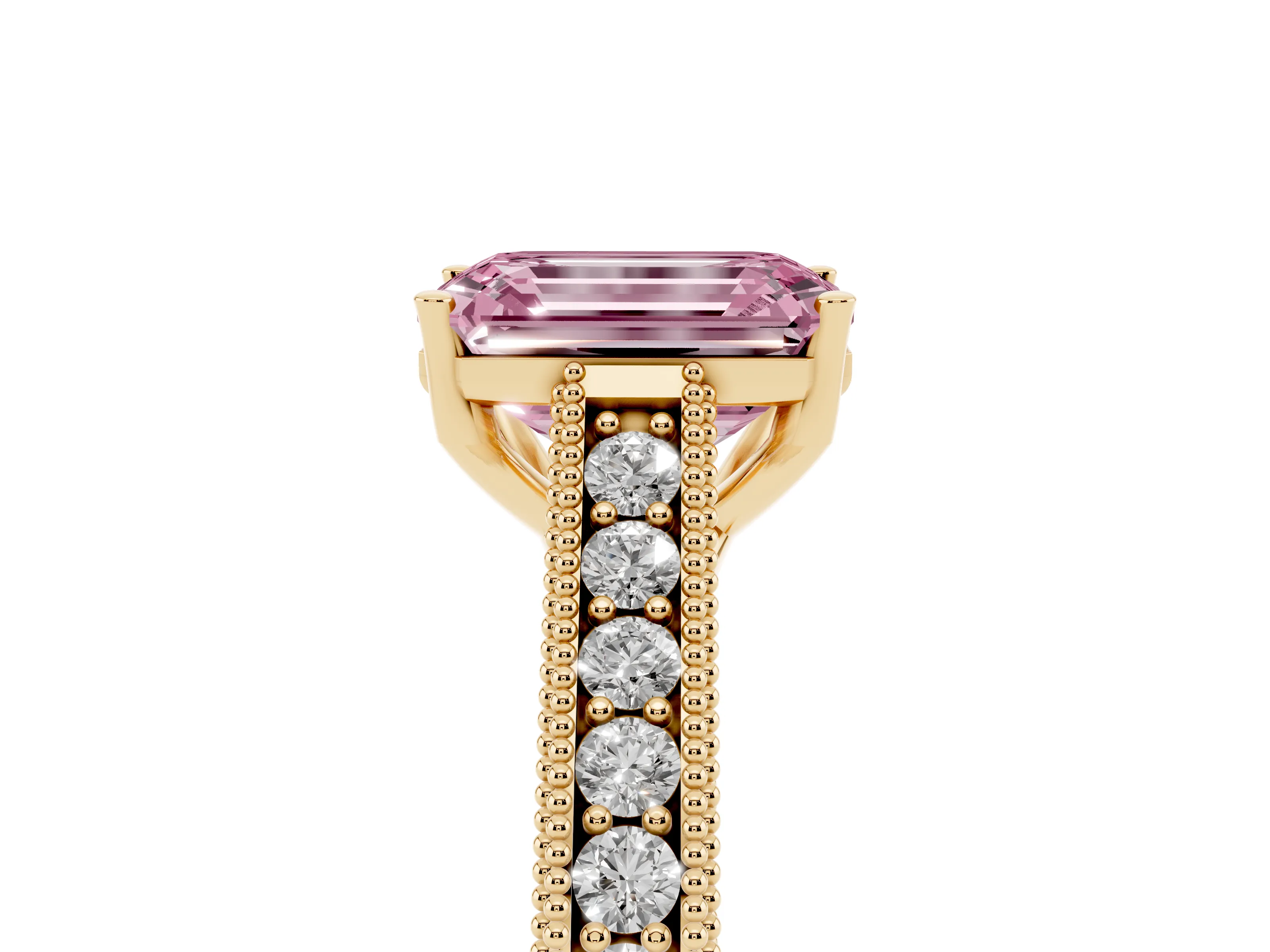 Fancy Pink Emerald Cut Diamond Milgrain Pavé Band Solitaire Ring Set in Yellow gold with Prong Setting