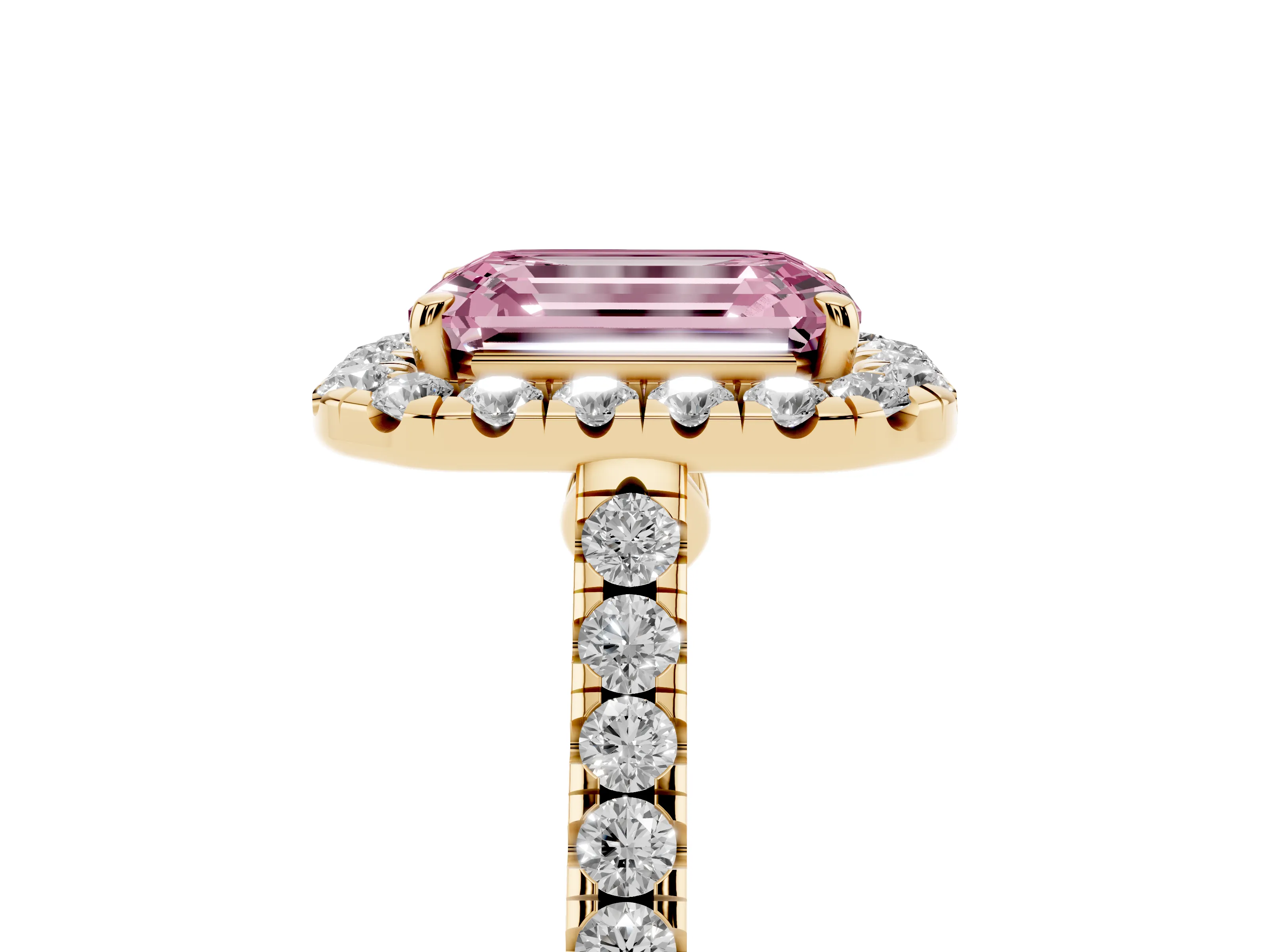 Fancy Pink Emerald Cut Diamond Halo Pavé Engagement Ring Set in Yellow gold with Prong Setting