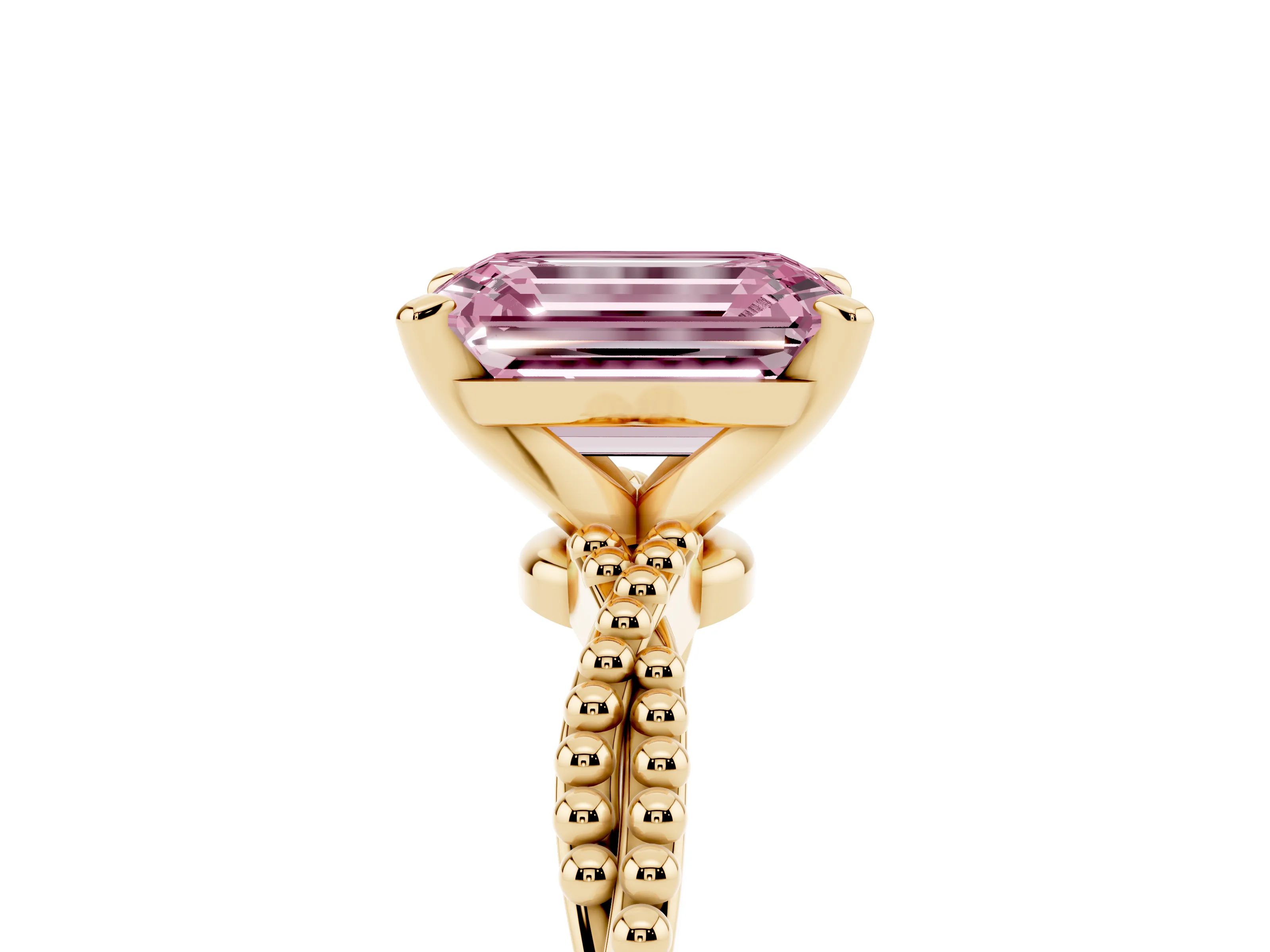 Fancy Pink Emerald Cut Diamond Solitaire Ring Set in Yellow gold with Twisted Band and Bead Prong Setting