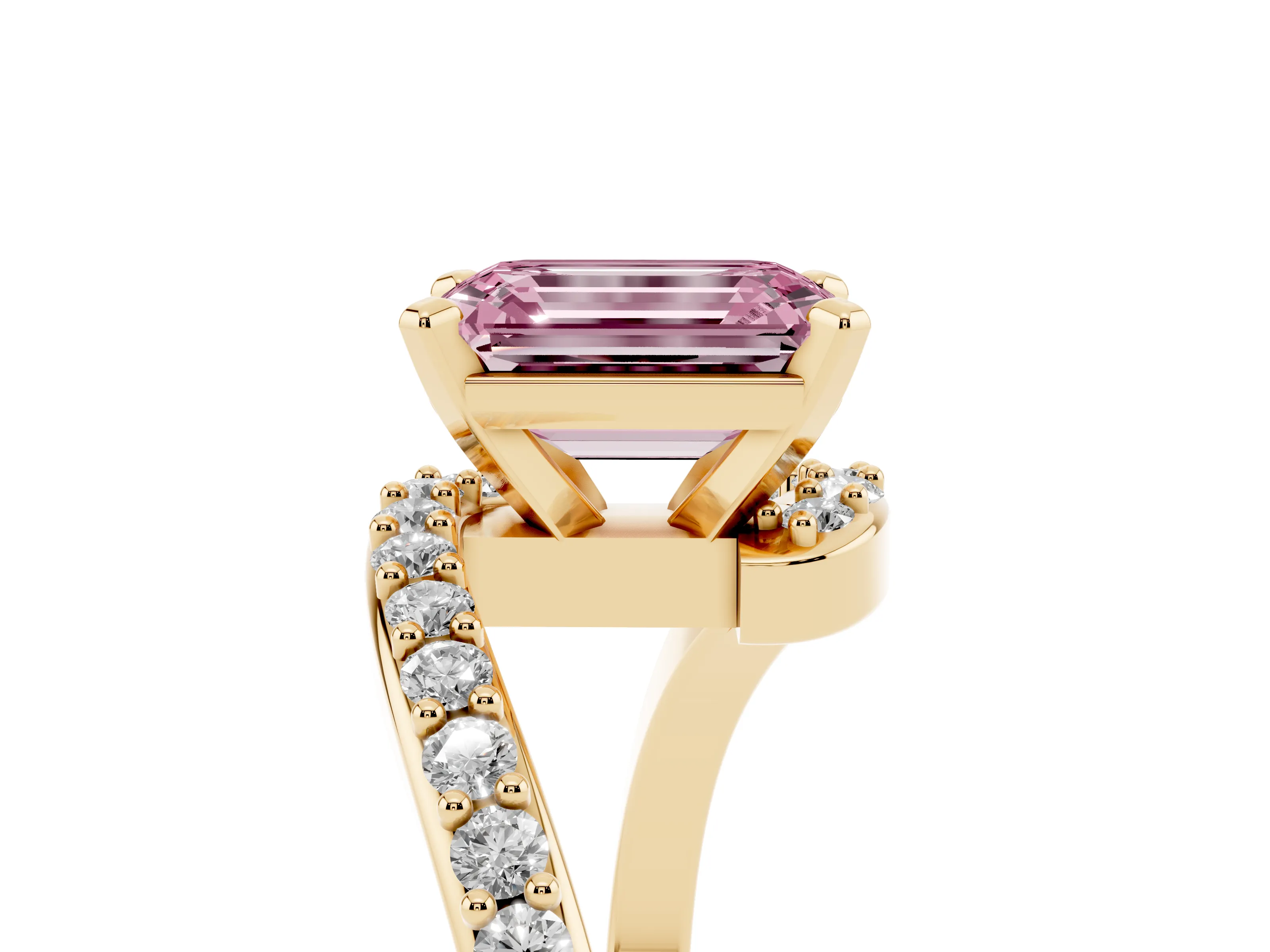 Fancy Pink Emerald Cut Diamond Solitaire Ring Set in Yellow gold with Pavé Twist Band and Prong Setting