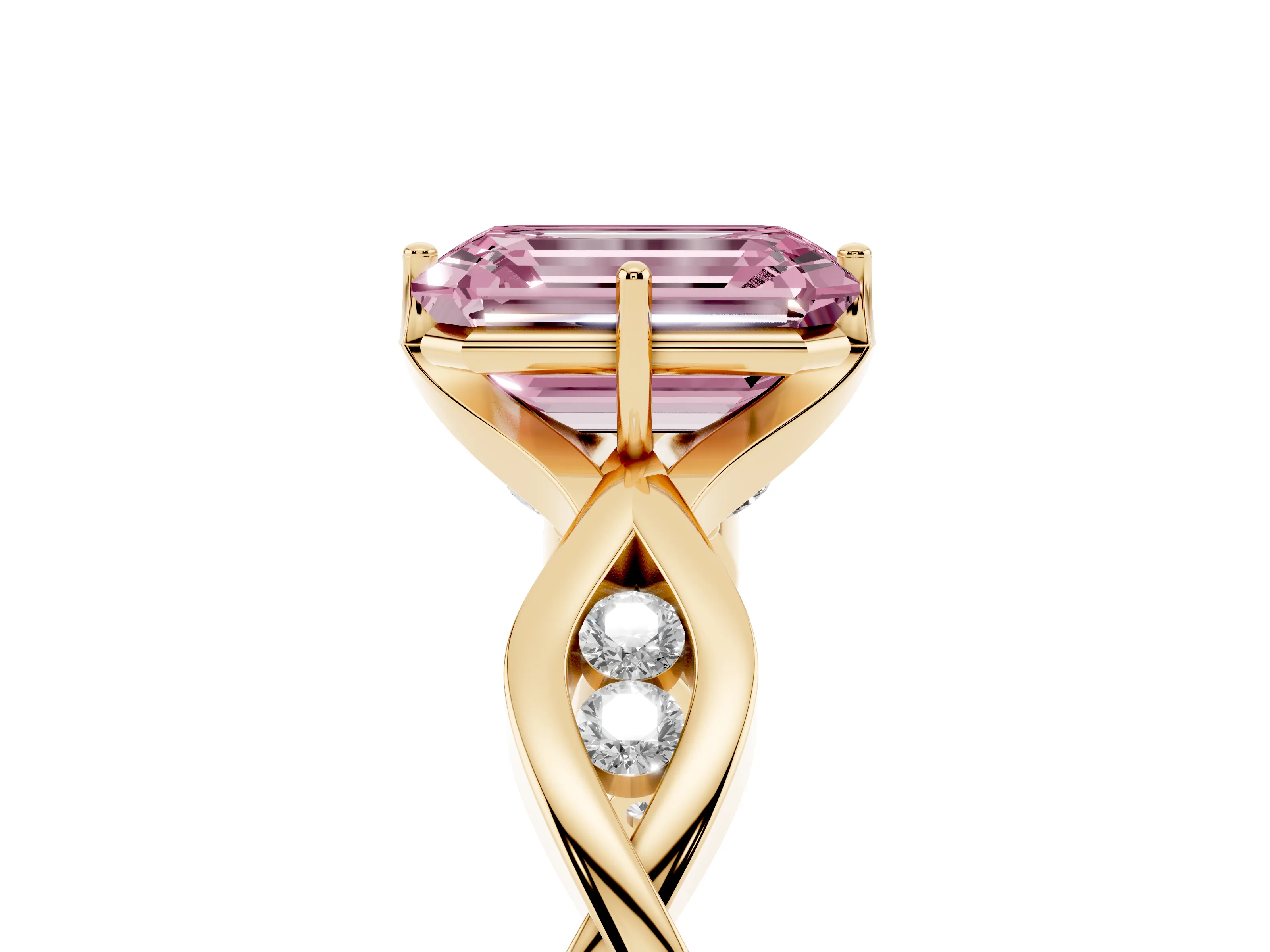Fancy Pink Emerald Cut Diamond Twist Band Solitaire Ring Set in Yellow gold with Leaf Prong Setting and Accent Stones
