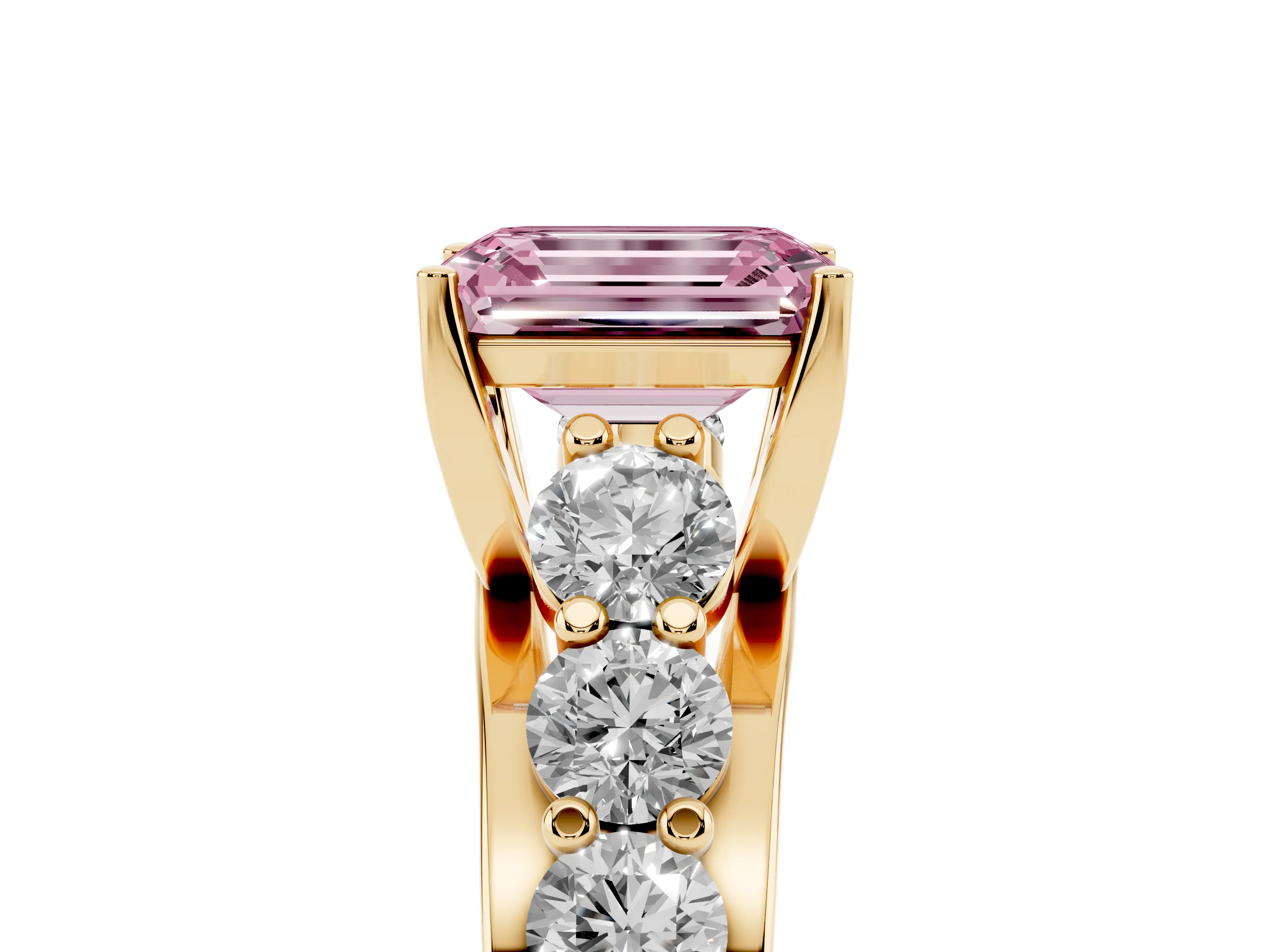 Fancy Pink Emerald Cut Diamond Pavé Engagement Ring Set in Yellow gold with Prong Setting