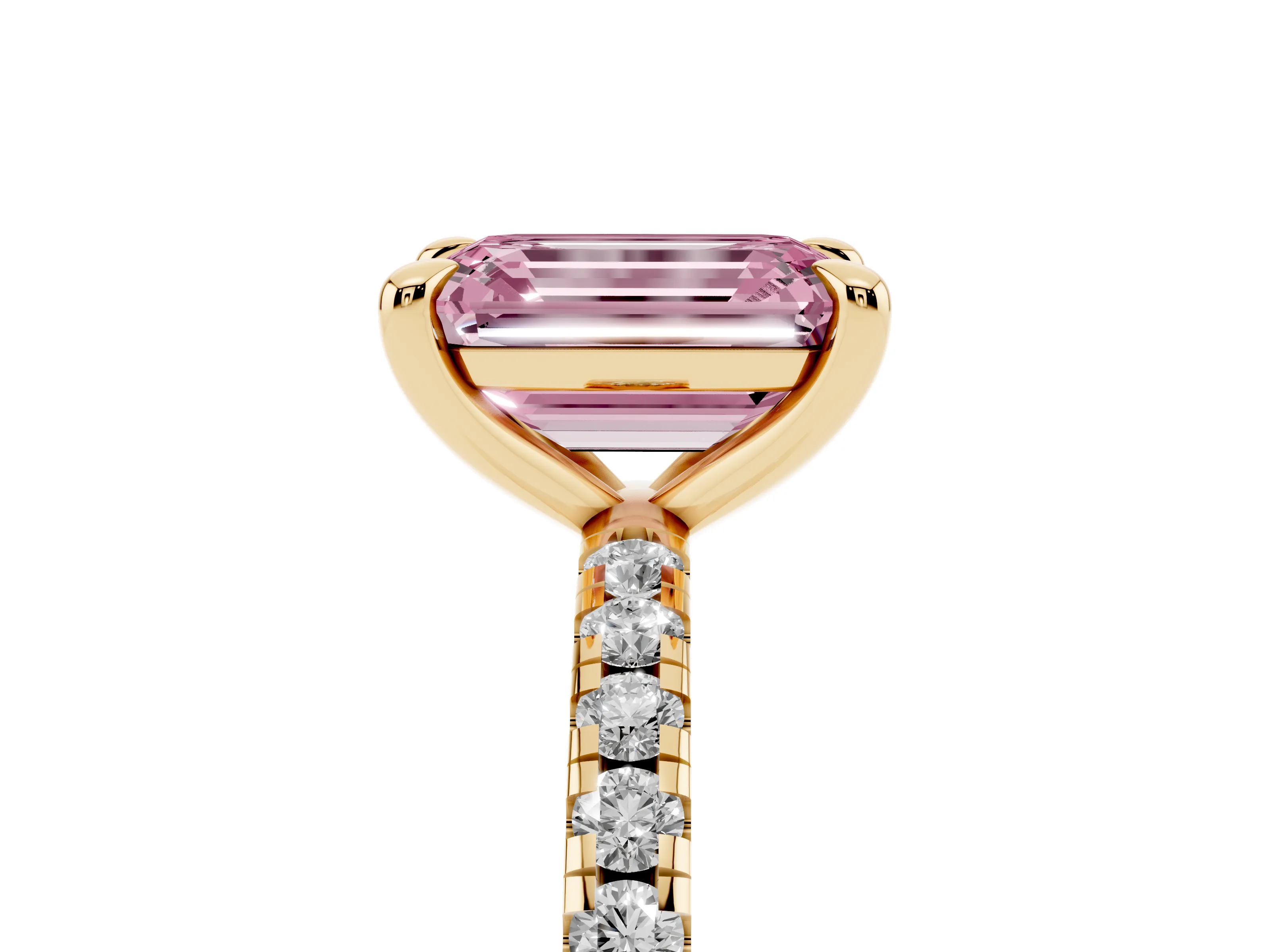 Fancy Pink Emerald Cut Diamond Brilliant Solitaire Ring Set in Yellow gold with Pavé Band and Prong Setting