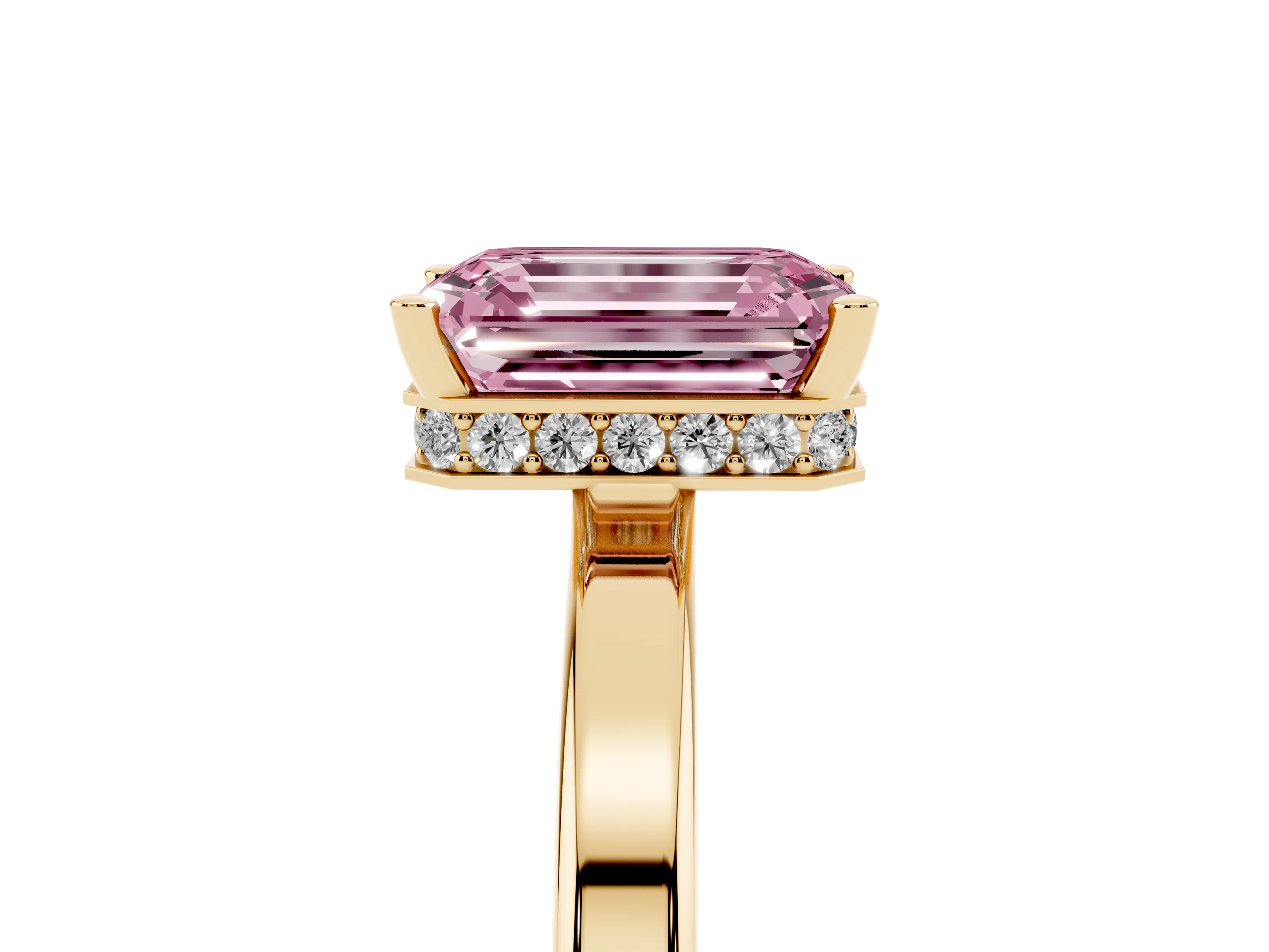 Fancy Pink Emerald Cut Diamond Solitaire Engagement Ring Set in Yellow gold with Prong Setting on a Plain Band