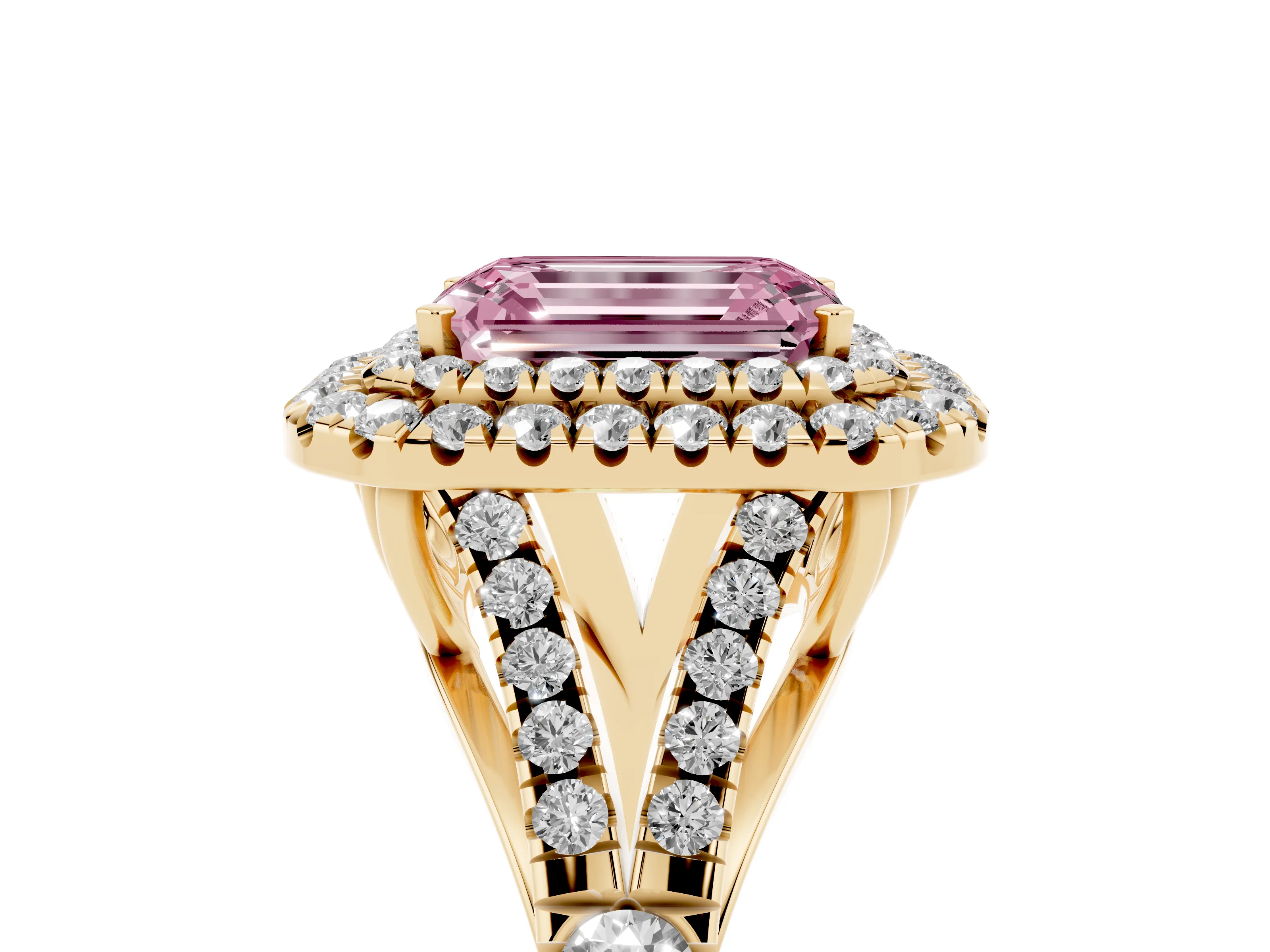 Fancy Pink Emerald Cut Diamond Pavé Split Shank Double Halo Engagement Ring Set in Yellow gold