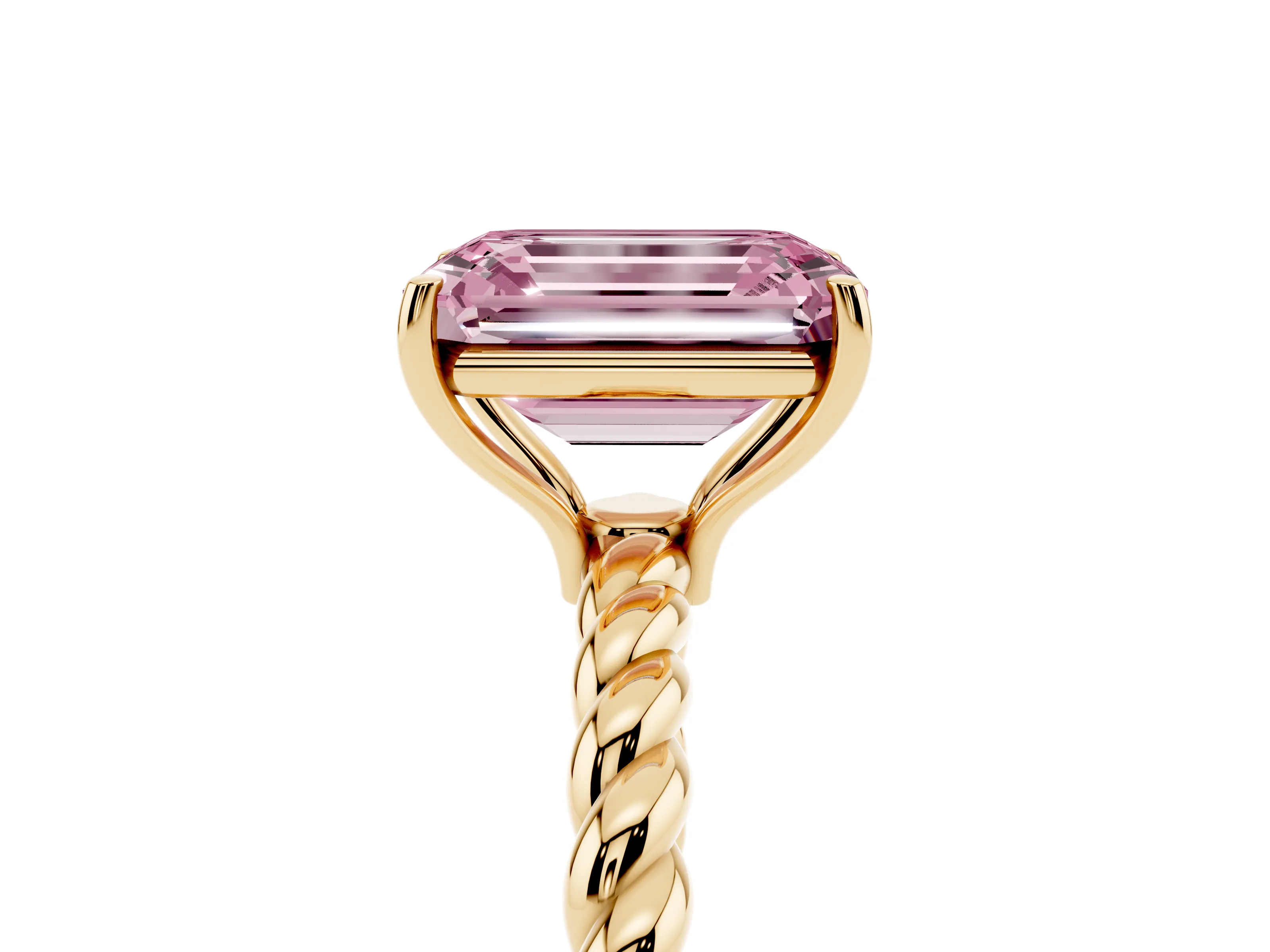 Fancy Pink Emerald Cut Diamond Solitaire Ring Set in Yellow gold with Twist Band and Prong Setting