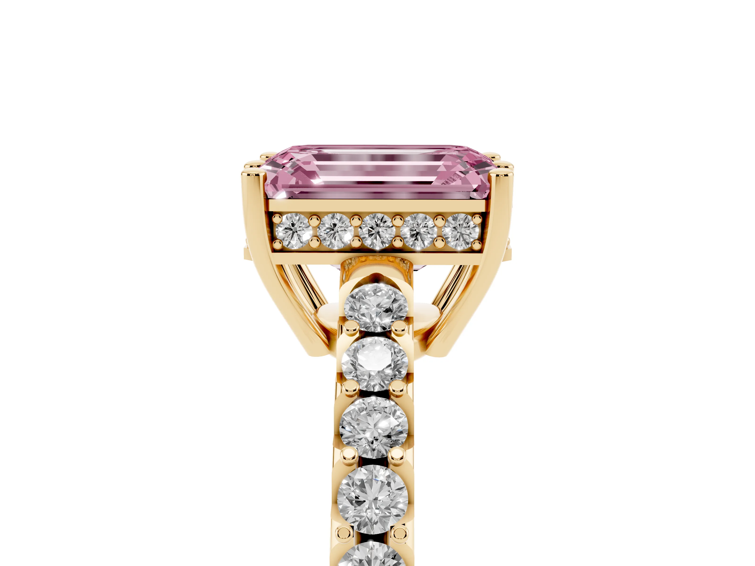 Fancy Pink Emerald Cut Diamond Solitaire Engagement Ring Set in Yellow gold with Pavé Band and Prong Setting