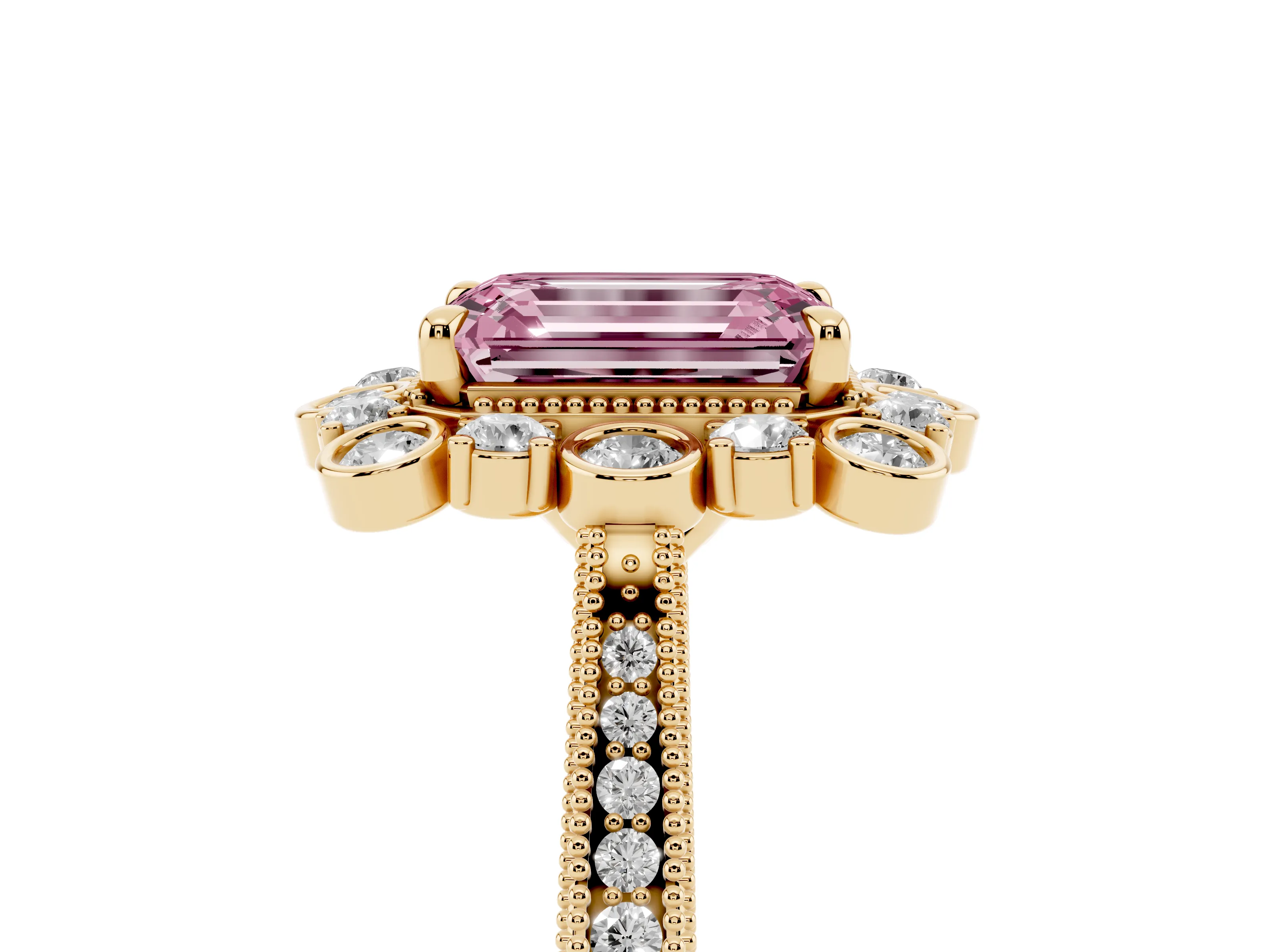 Fancy Pink Emerald Cut Diamond Halo Milgrain Pavé Ring Set in Yellow gold with Prong Setting