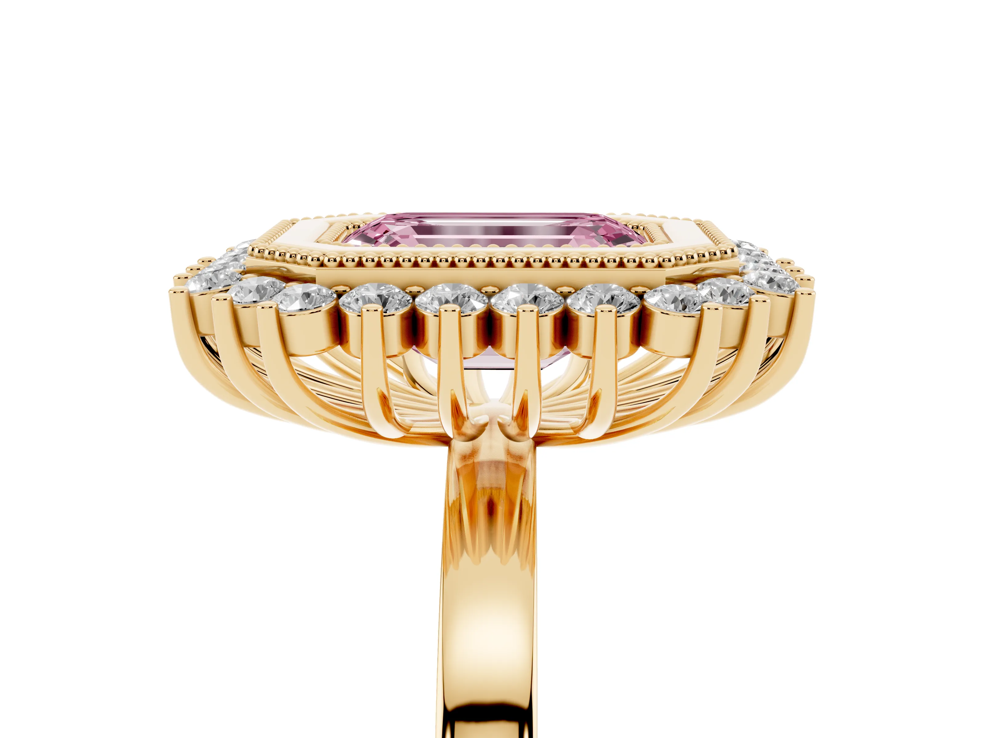Fancy Pink Emerald Cut Diamond Halo Ring Set in Yellow gold with Milgrain Edge and Round Prong Setting