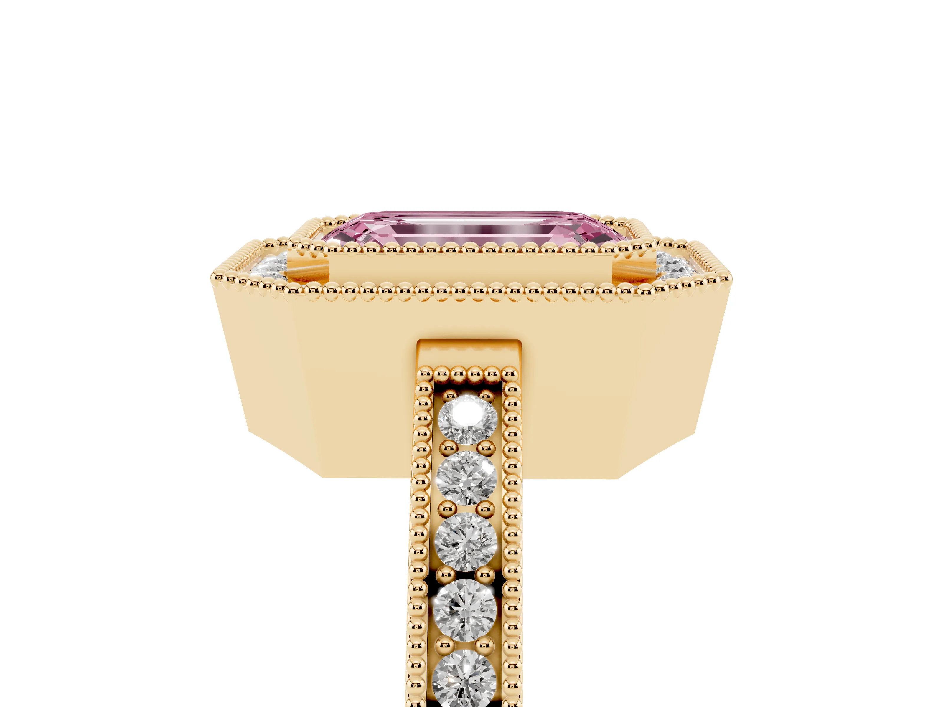 Fancy Pink Emerald Cut Diamond Halo Ring Set in Yellow gold with Pavé Band and Milgrain-Edged Prongs