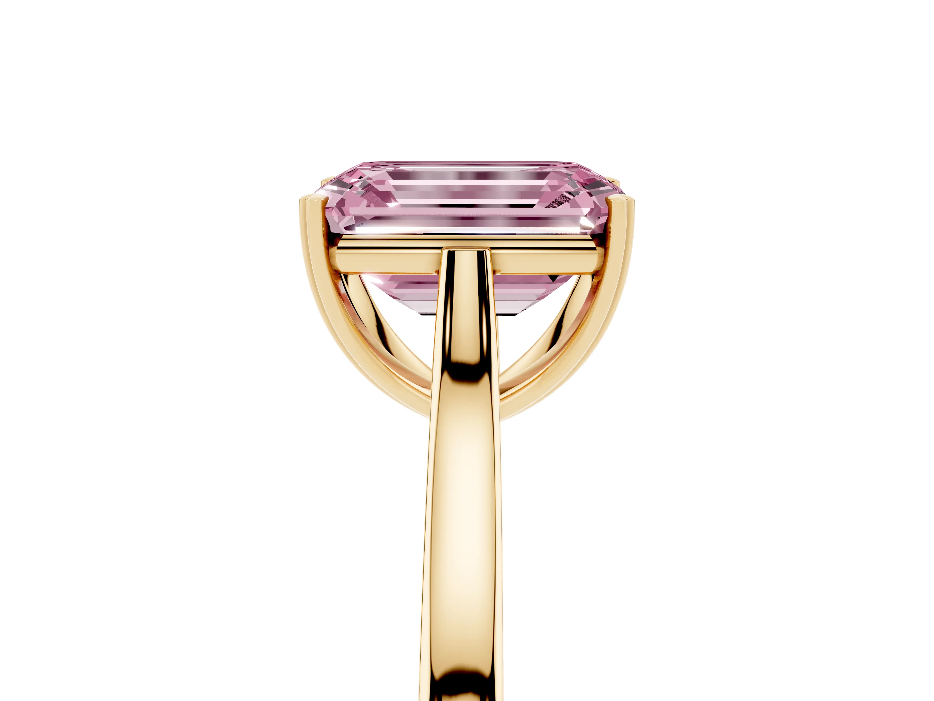Fancy Pink Emerald Cut Diamond Solitaire Heart Prong Engagement Ring Set in Yellow gold with Tapered Band