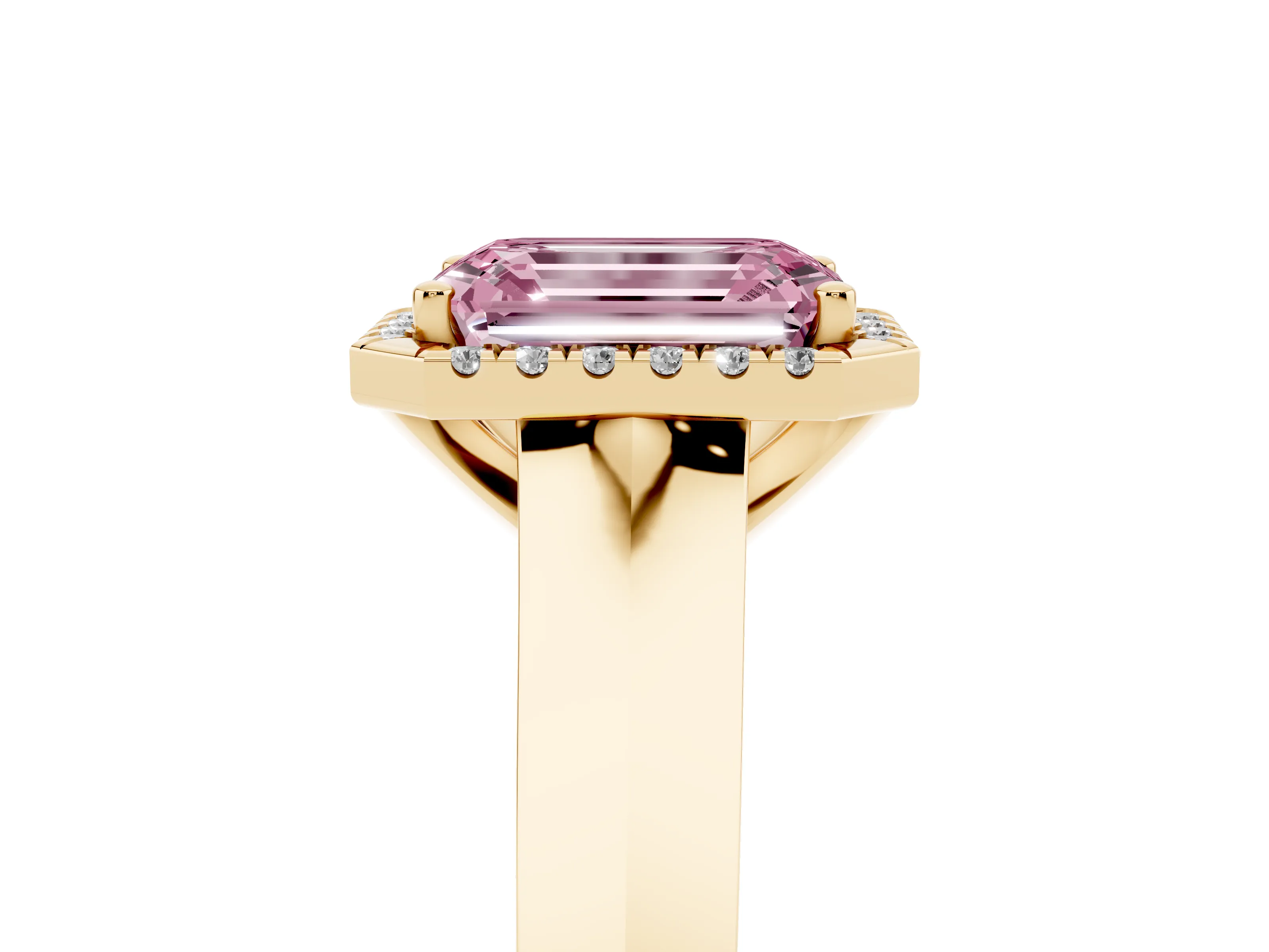 Fancy Pink Emerald Cut Diamond Halo Ring Set in Yellow gold with Cathedral Band and Prong Setting