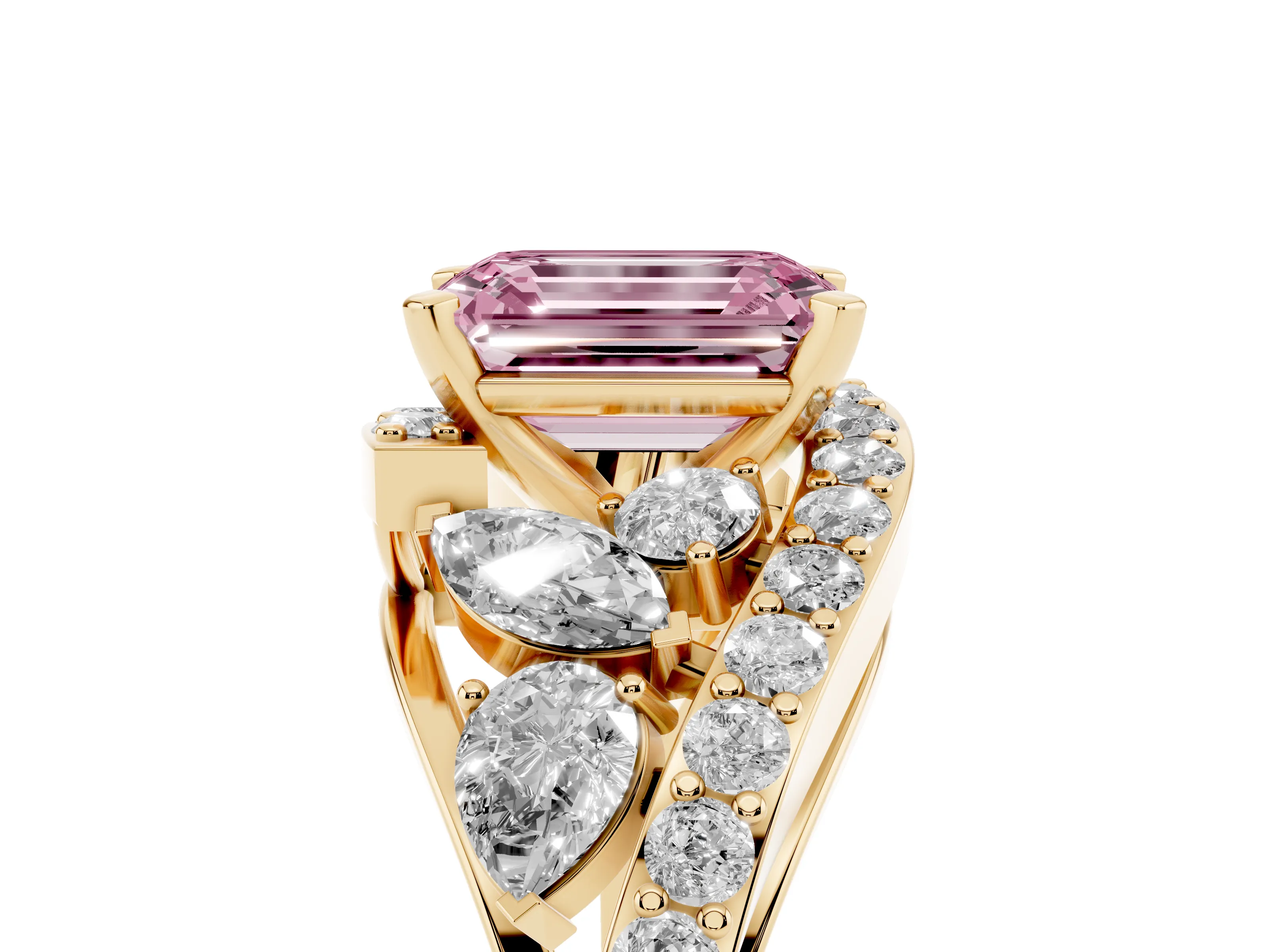 Fancy Pink Emerald Cut Diamond Halo Ring Set in Yellow gold with Marquise and Pavé Band in Prong Setting