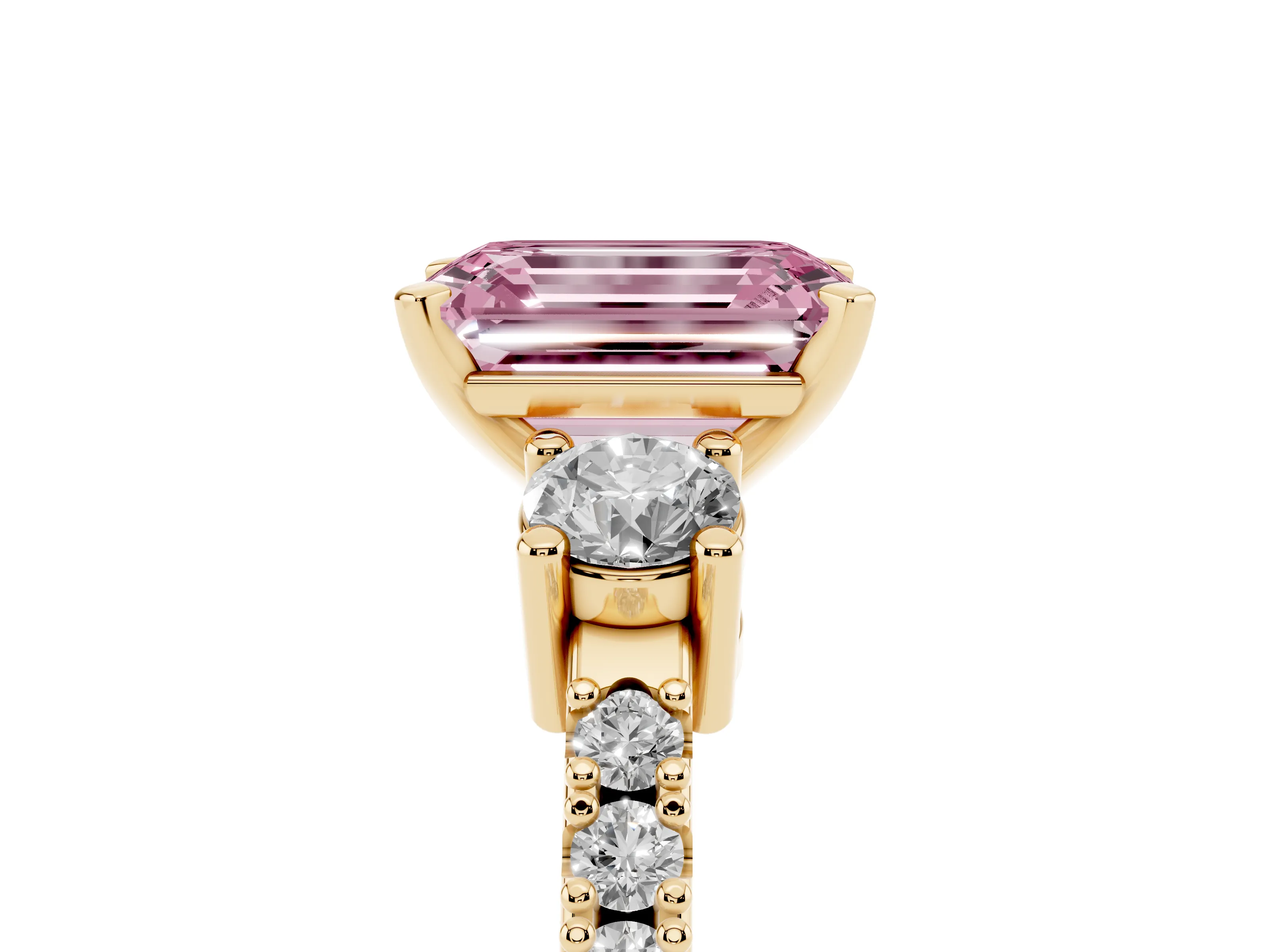 Fancy Pink Three-Stone Emerald Cut Diamond Pavé Band Ring Set in Yellow gold with Prong Setting